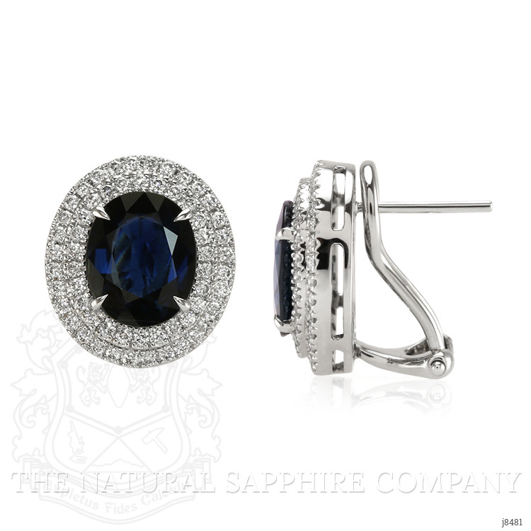 6.51 Ct.Tw. Blue Sapphire and Natural Diamond Pave Earrings, 18K White Gold