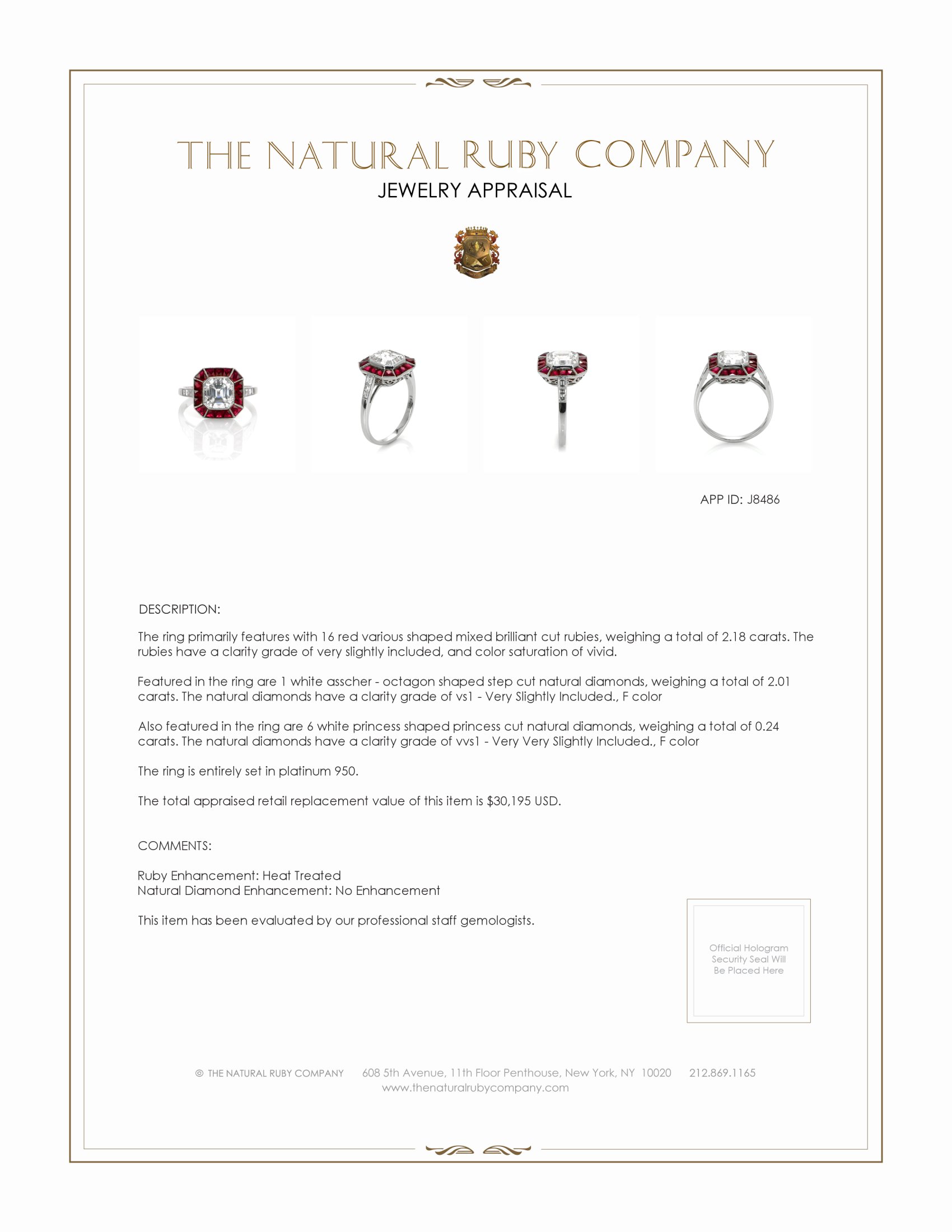 2.18 Ct. Ruby and Natural Diamond Antique Style Ring, Platinum 950