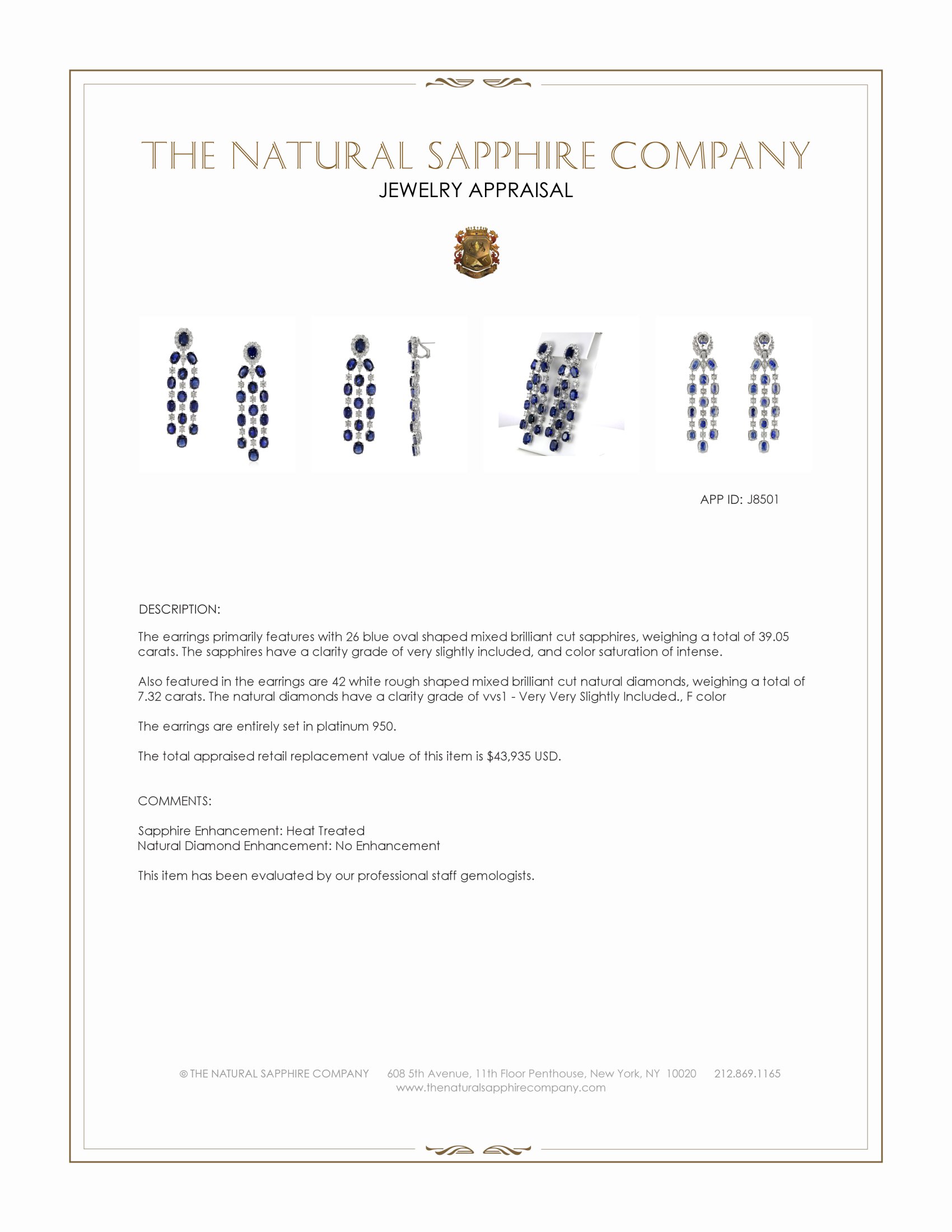 39.05 Ct.Tw. Blue Sapphire and Natural Diamond Accent Stones Earrings, Platinum 950