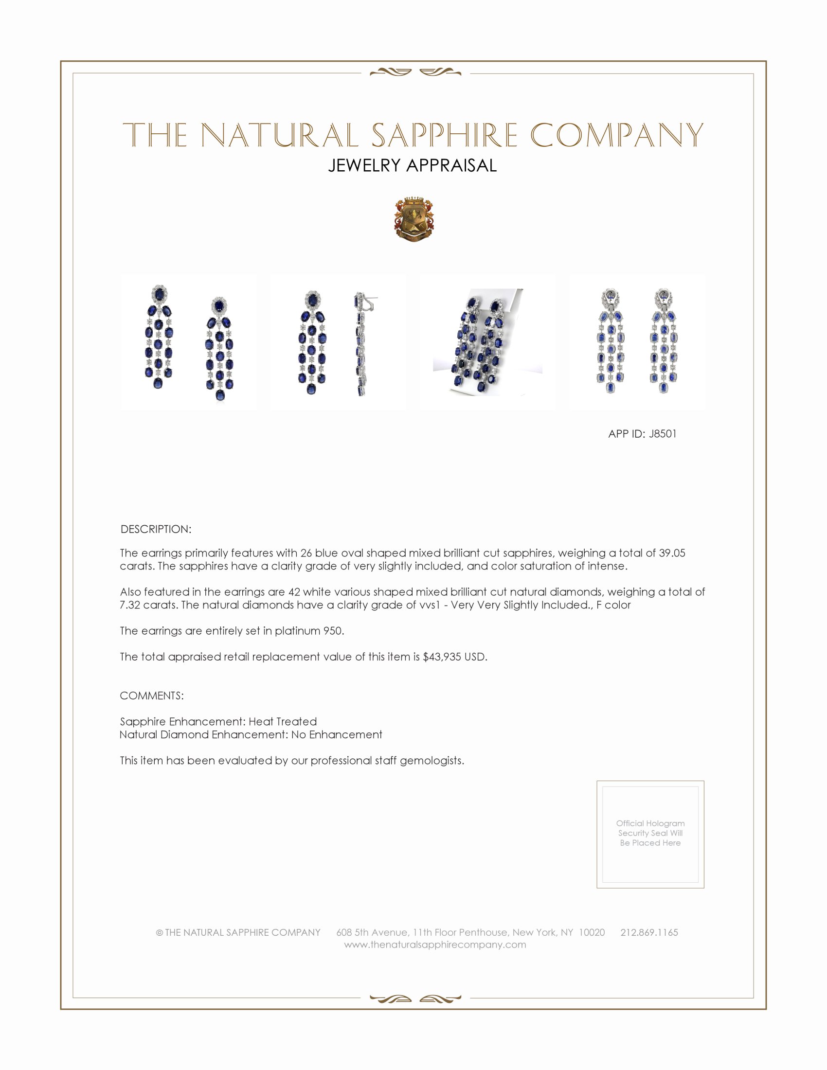 39.05 Ct.Tw. Blue Sapphire and Natural Diamond Accent Stones Earrings, Platinum 950