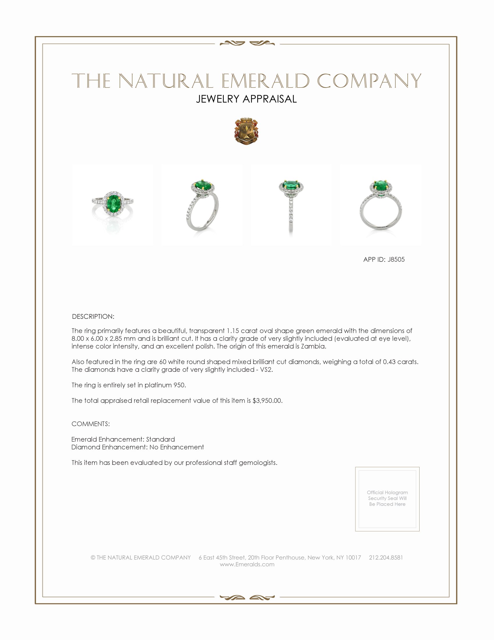 1.15 Ct. Emerald and Natural Diamond Pave Ring, Platinum 950