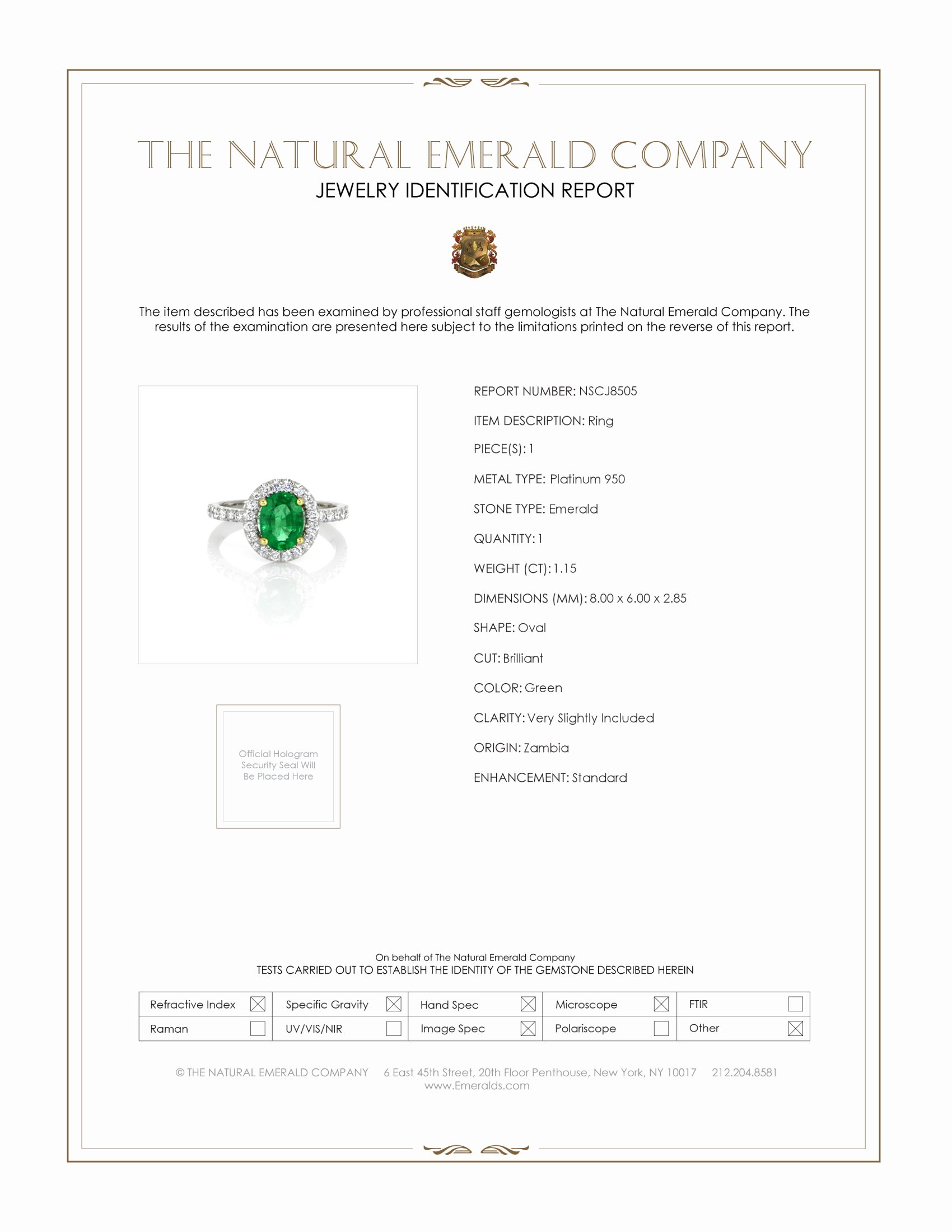 1.15 Ct. Emerald and Natural Diamond Pave Ring, Platinum 950