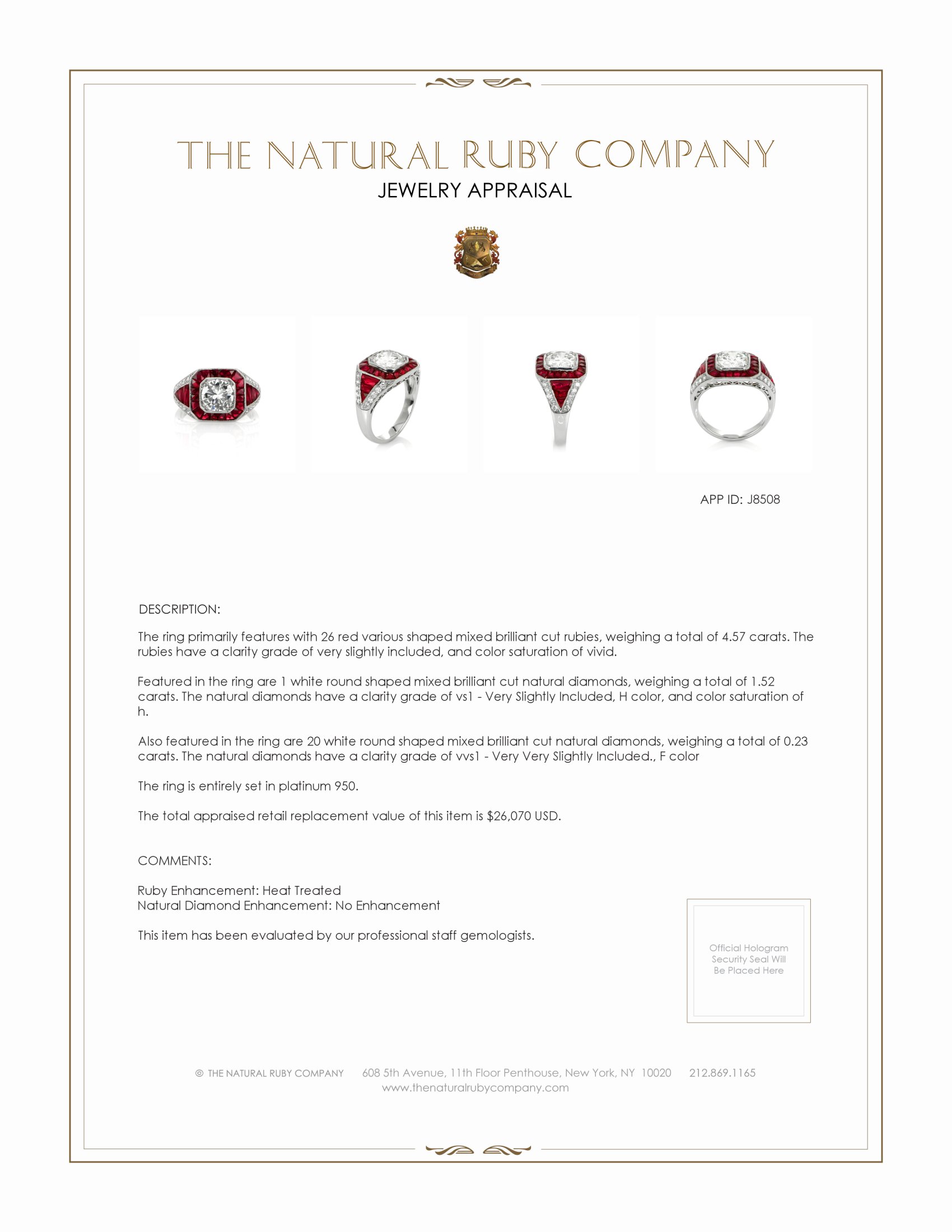 4.57 Ct. Ruby and Natural Diamond Antique Style Ring, Platinum 950