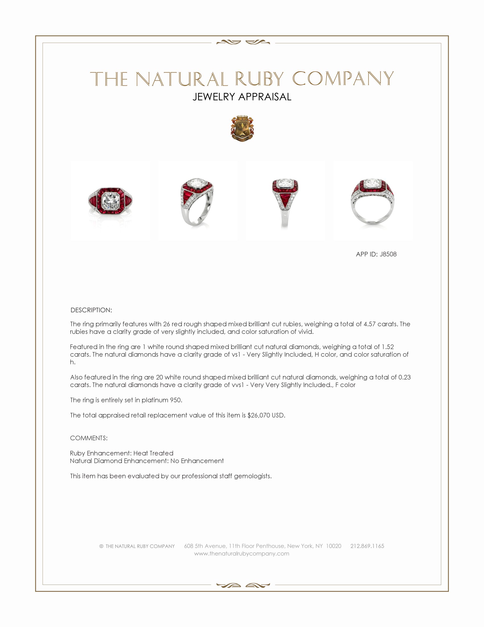 4.57 Ct. Ruby and Natural Diamond Antique Style Ring, Platinum 950