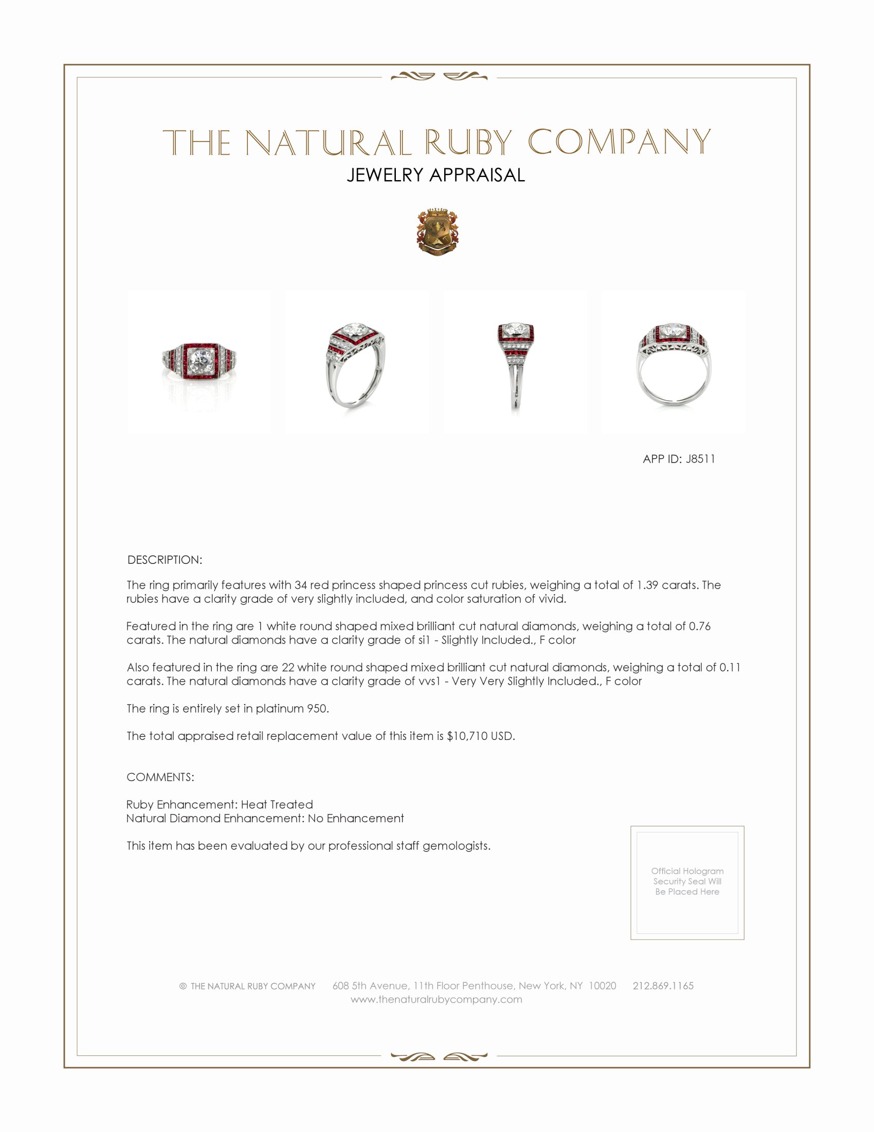 1.39 Ct. Ruby and Natural Diamond Antique Style Ring, Platinum 950