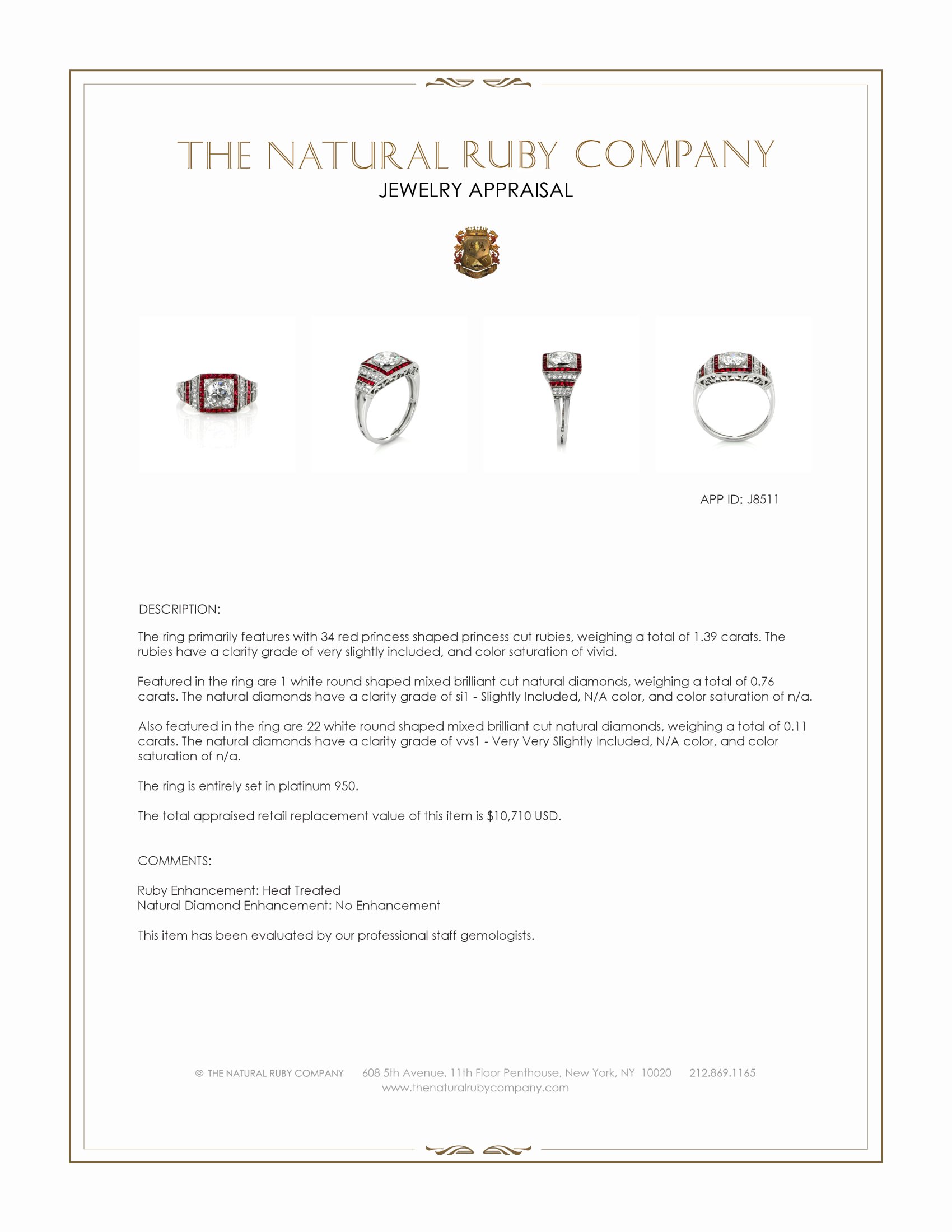 1.39 Ct. Ruby and Natural Diamond Antique Style Ring, Platinum 950