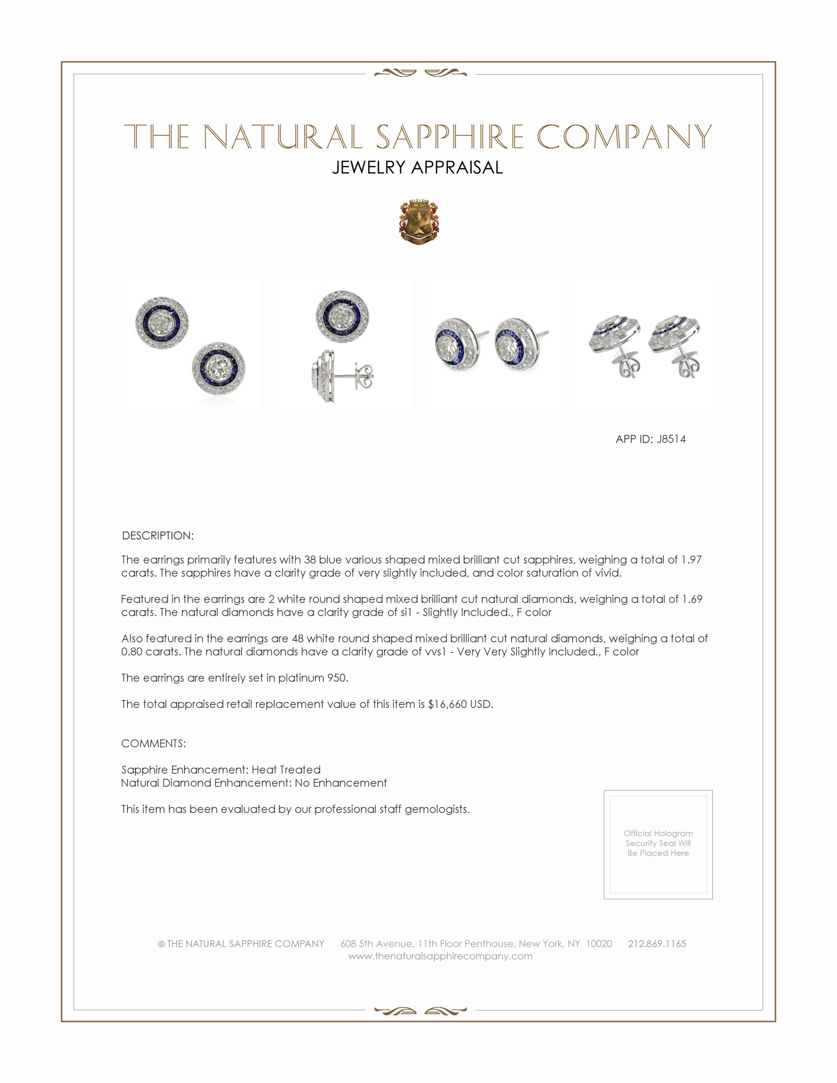 1.97 Ct.Tw. Blue Sapphire and Natural Diamond Accent Stones Earrings, Platinum 950