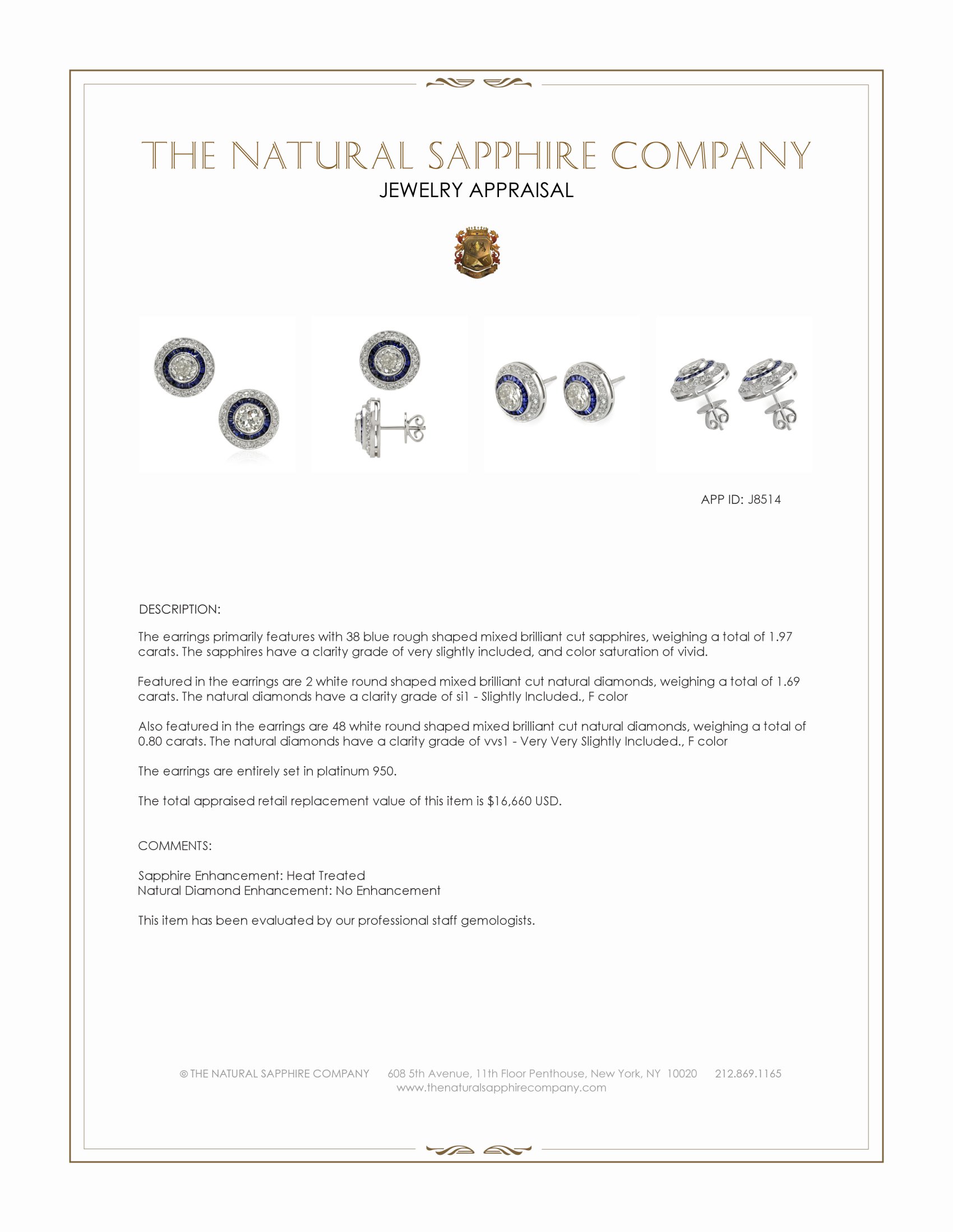 1.97 Ct.Tw. Blue Sapphire and Natural Diamond Studs Earrings, Platinum 950