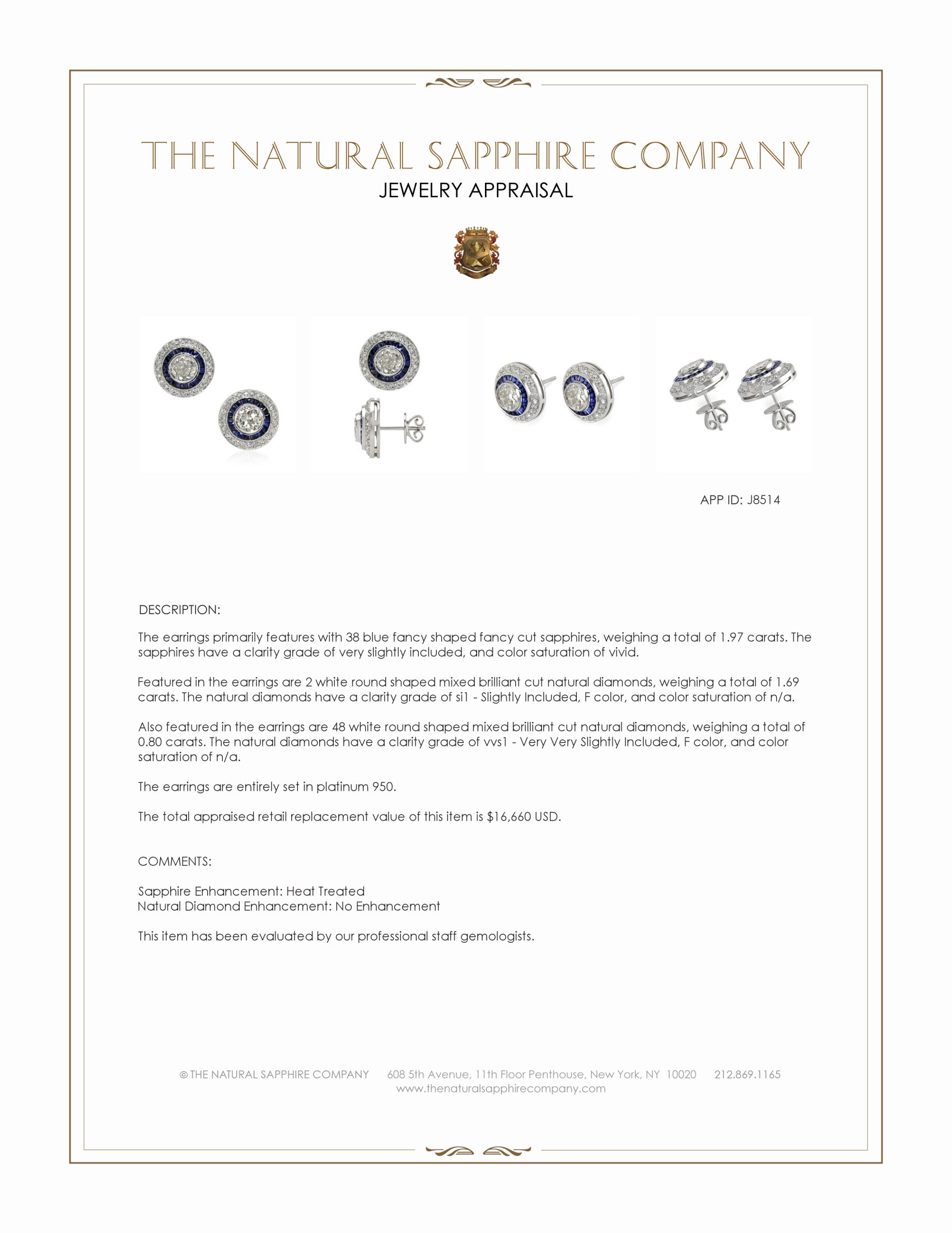 1.97 Ct.Tw. Blue Sapphire and Natural Diamond Studs Earrings, Platinum 950