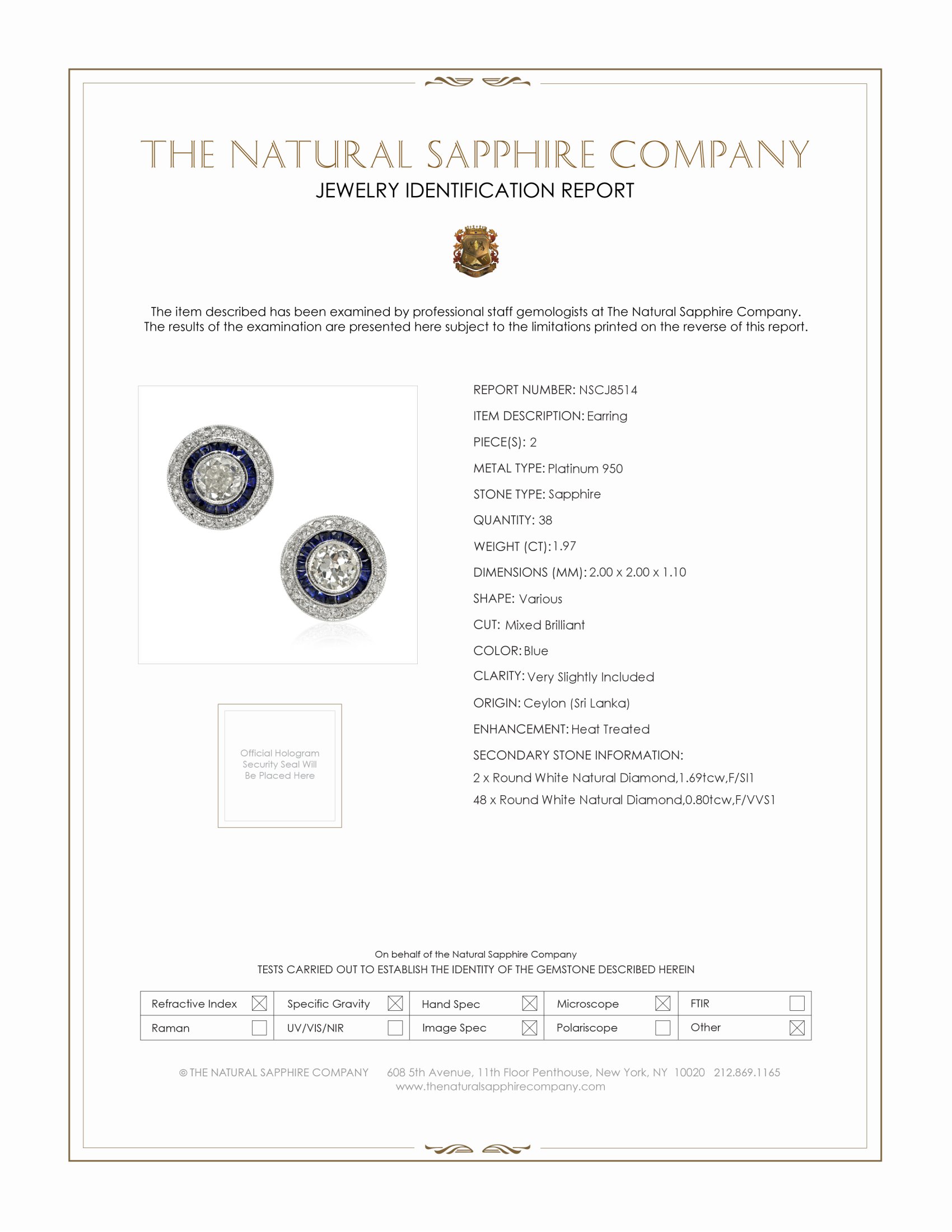 1.97 Ct.Tw. Blue Sapphire and Natural Diamond Accent Stones Earrings, Platinum 950