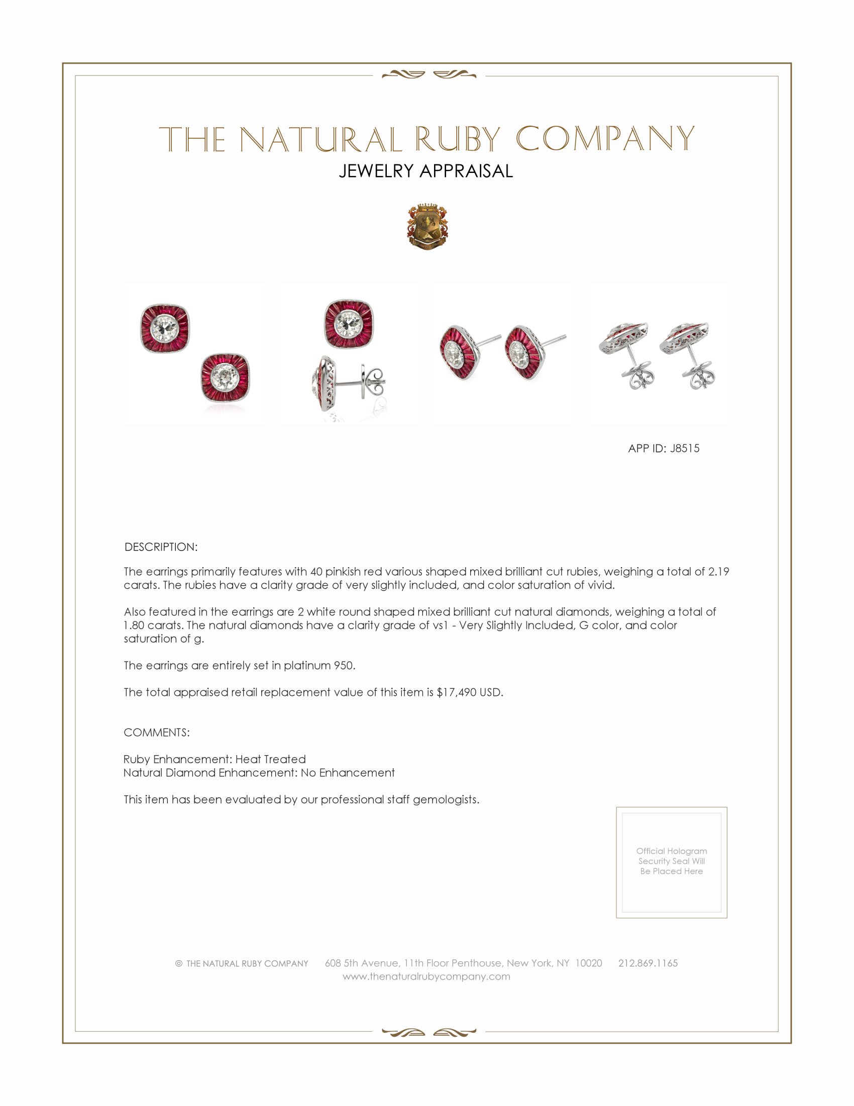 2.19 Ct.Tw. Pinkish Red Ruby and Natural Diamond Studs Earrings, Platinum 950