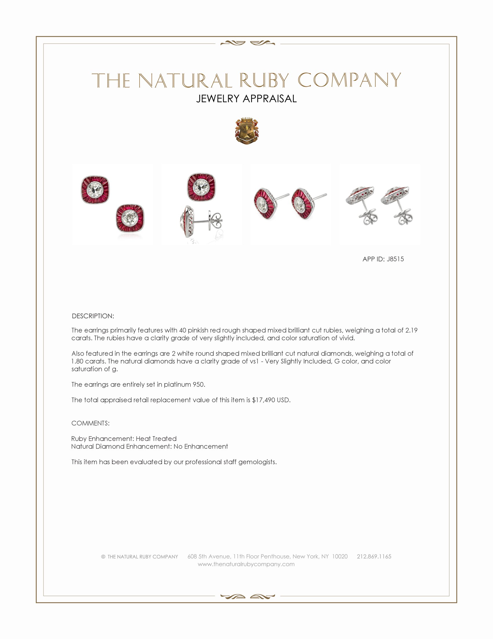 2.19 Ct.Tw. Pinkish Red Ruby and Natural Diamond Studs Earrings, Platinum 950