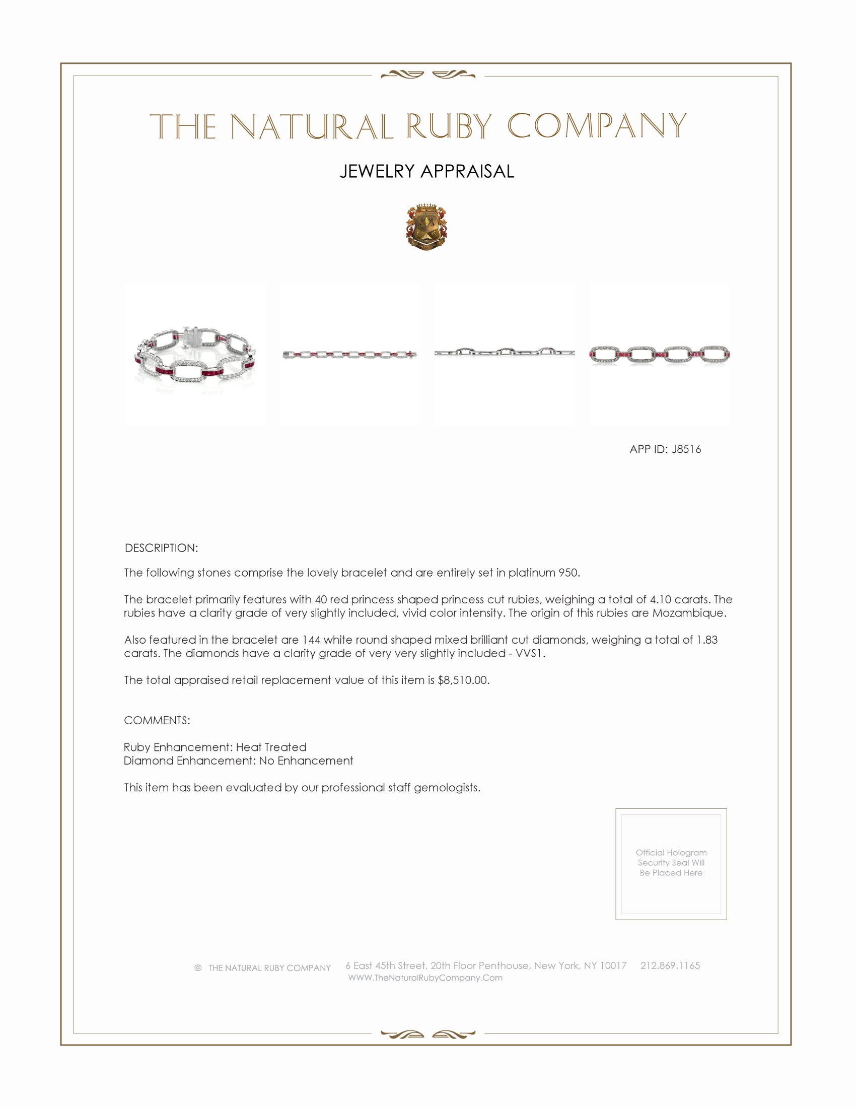 4.10 Ct.Tw. Ruby and Natural Diamond Accent Stones Bracelet, Platinum 950