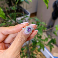 0.91 Ct. Pinkish Purple Sapphire and Natural Diamond Halo Ring, 14K White Gold Life Style