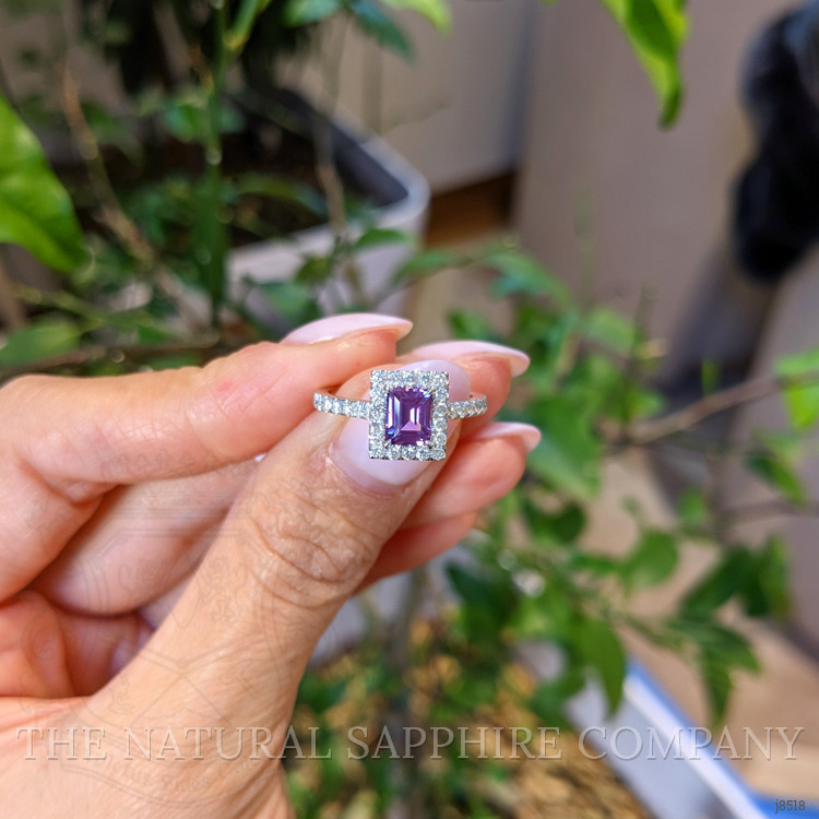 0.91 Ct. Pinkish Purple Sapphire and Natural Diamond Halo Ring, 14K White Gold