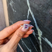 0.91 Ct. Pinkish Purple Sapphire and Natural Diamond Halo Ring, 14K White Gold Life Style