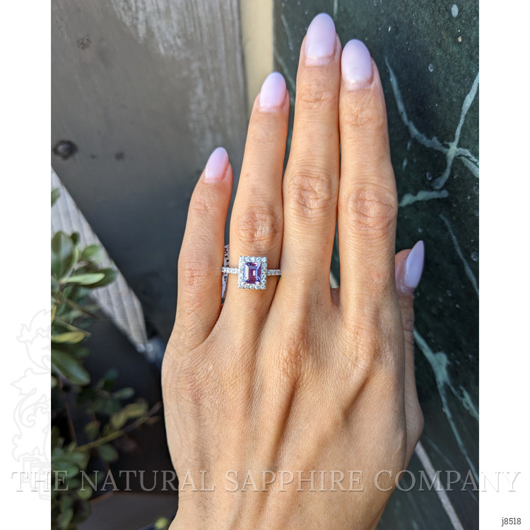 0.91 Ct. Pinkish Purple Sapphire and Natural Diamond Halo Ring, 14K White Gold