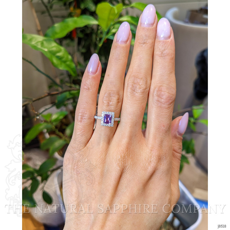 0.91 Ct. Pinkish Purple Sapphire and Natural Diamond Halo Ring, 14K White Gold