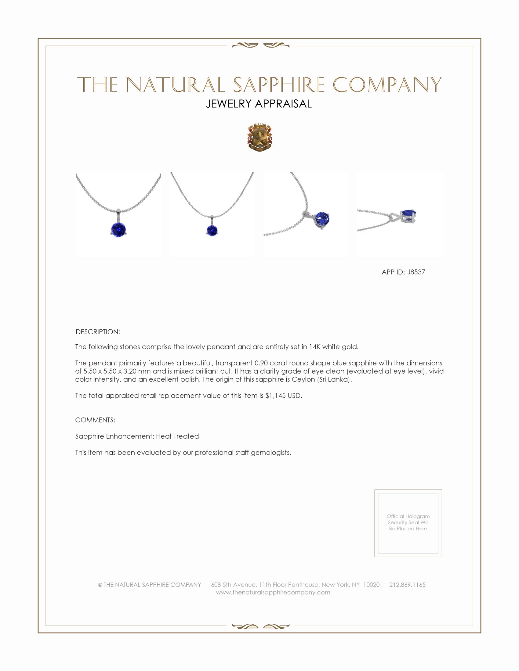 0.90 Ct. Blue Sapphire Solitaire Pendant, 14K White Gold