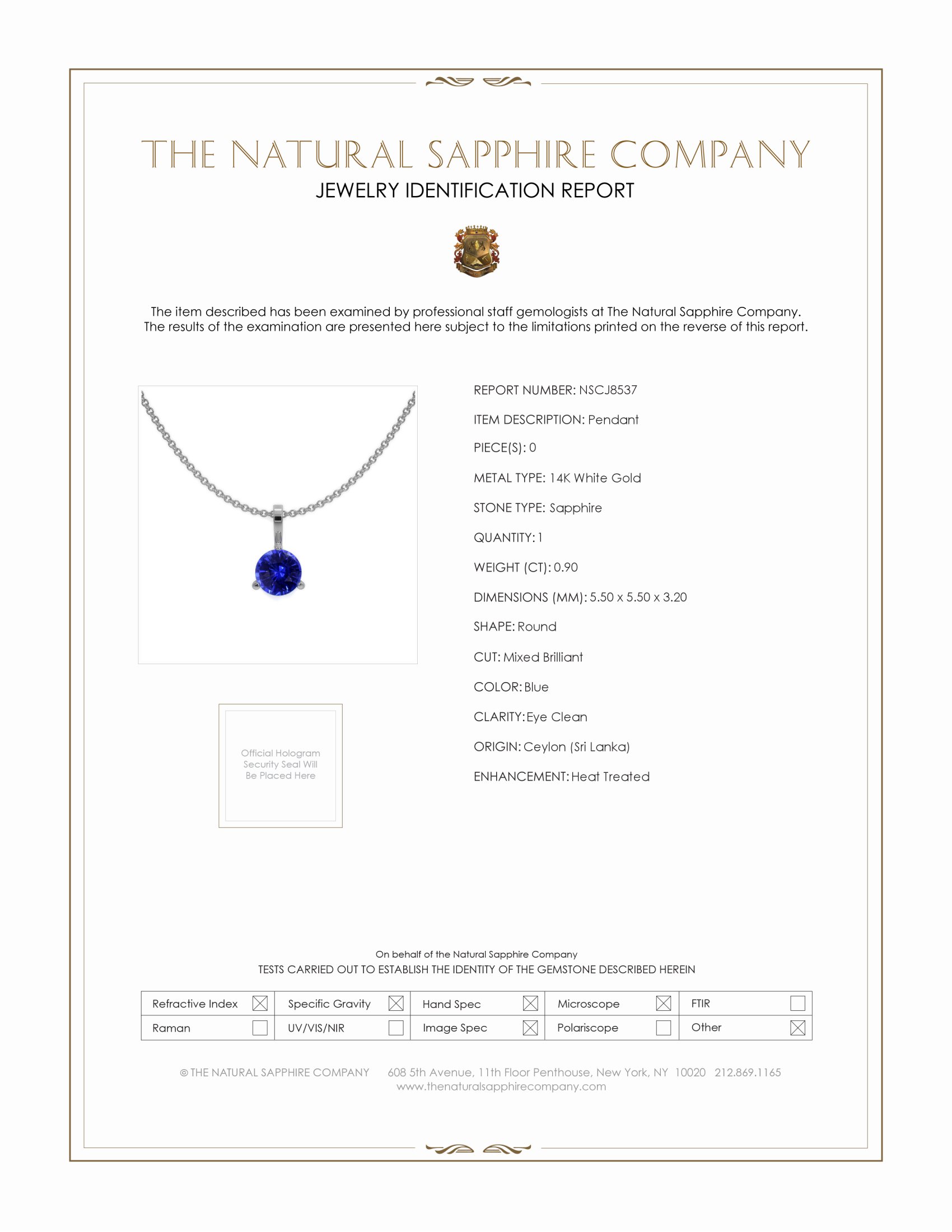 0.90 Ct. Blue Sapphire Solitaire Pendant, 14K White Gold