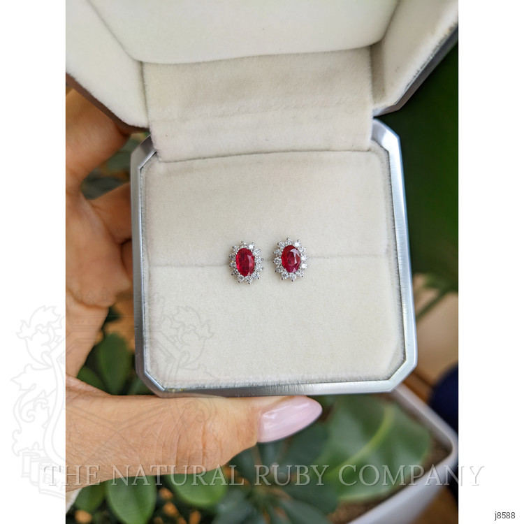 1.25 Ct.Tw. Ruby and Natural Diamond Halo Earrings, 18K White Gold