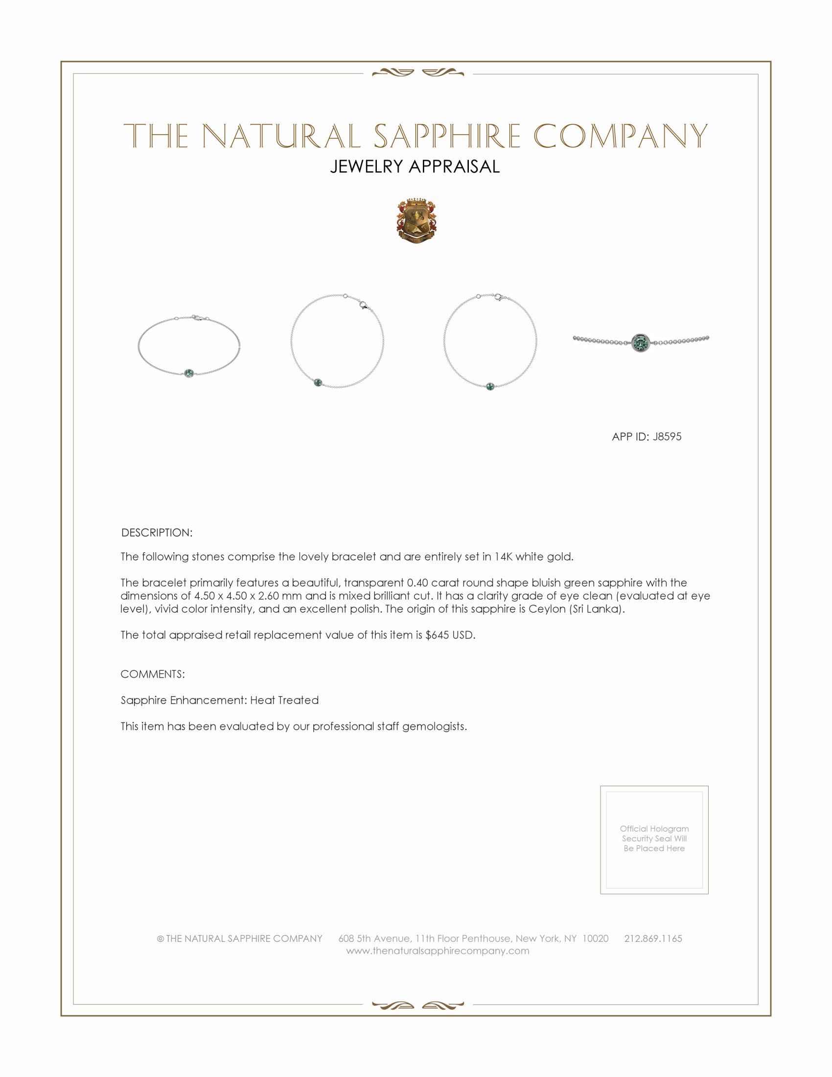 0.40 Ct.Tw. Bluish Green Sapphire Bezel Bracelet, 14K White Gold