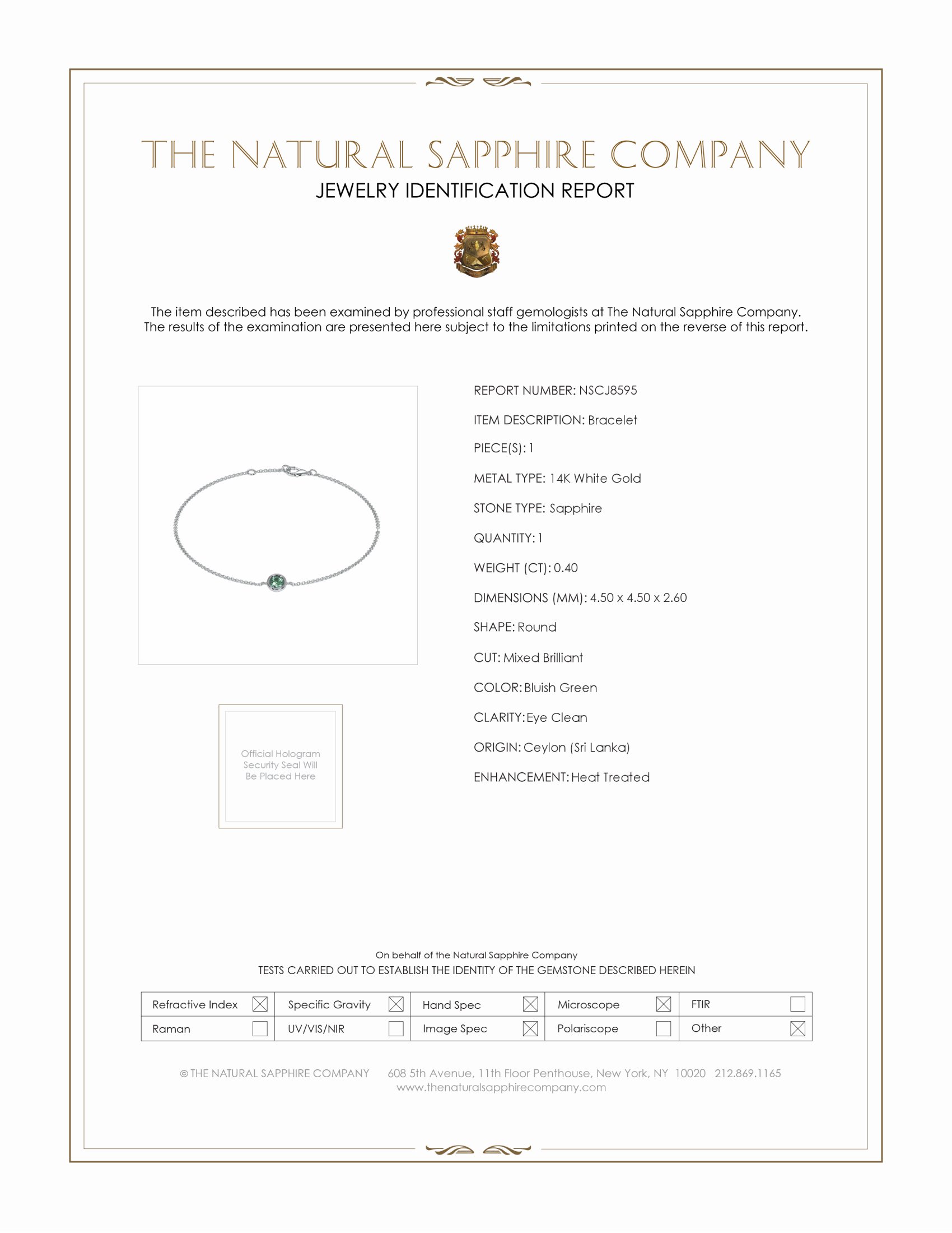 0.40 Ct.Tw. Bluish Green Sapphire Bezel Bracelet, 14K White Gold