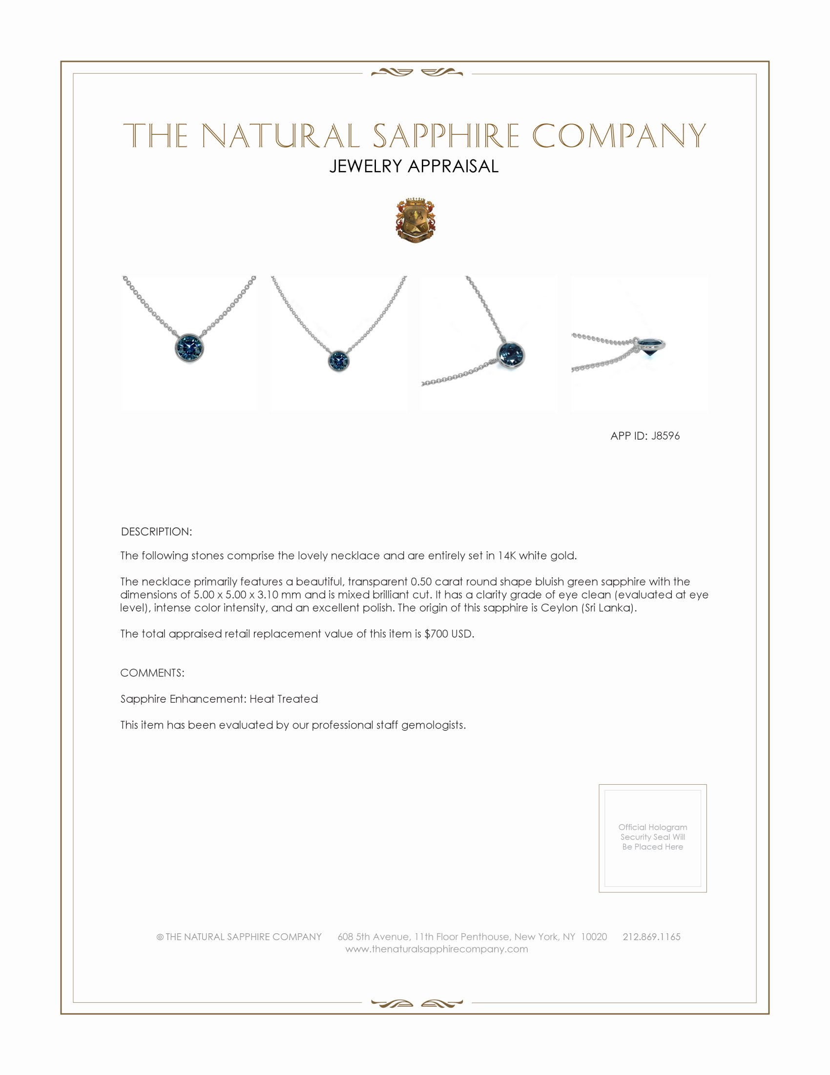 0.50 Ct. Bluish Green Sapphire Bezel Necklace, 14K White Gold