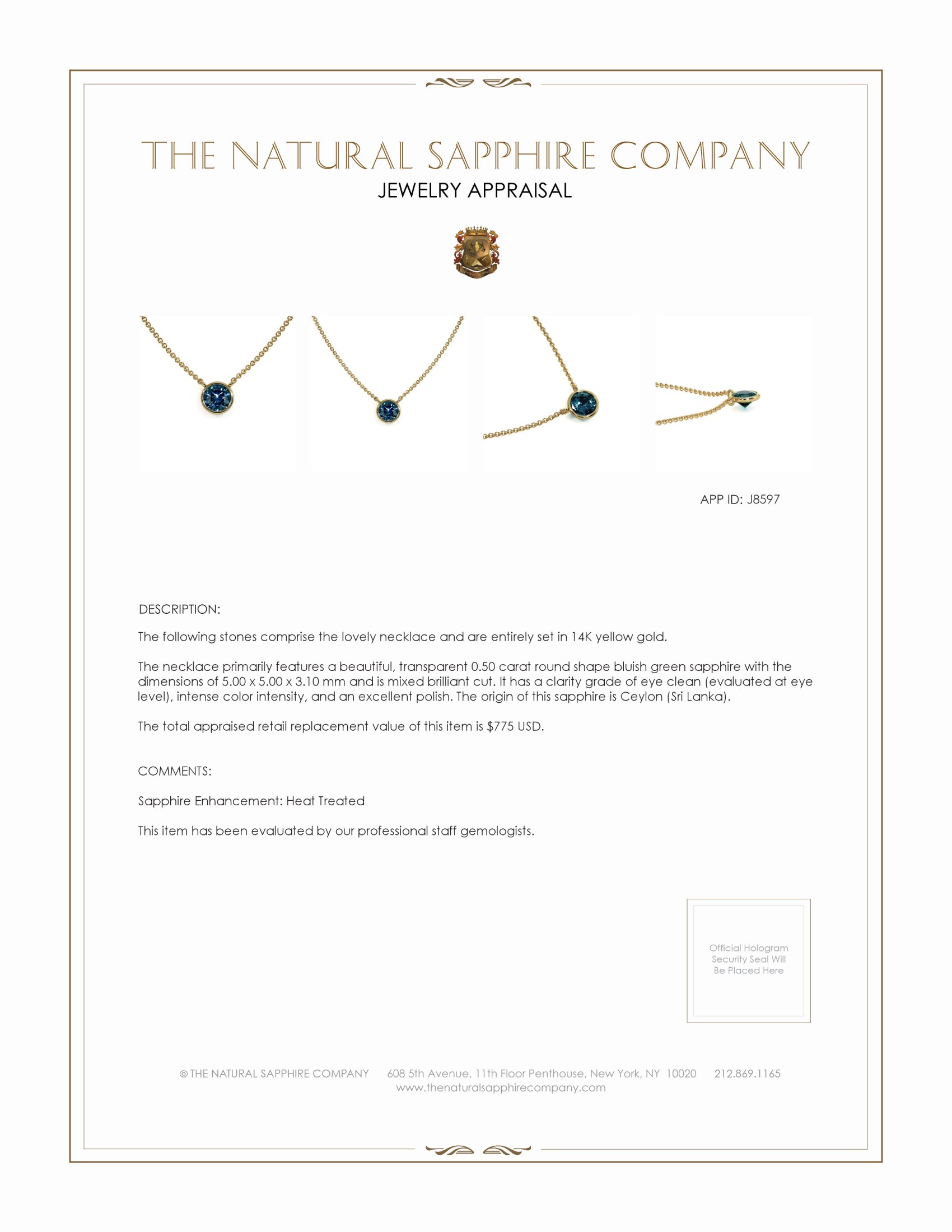 0.50 Ct. Bluish Green Sapphire Bezel Necklace, 14K Yellow Gold