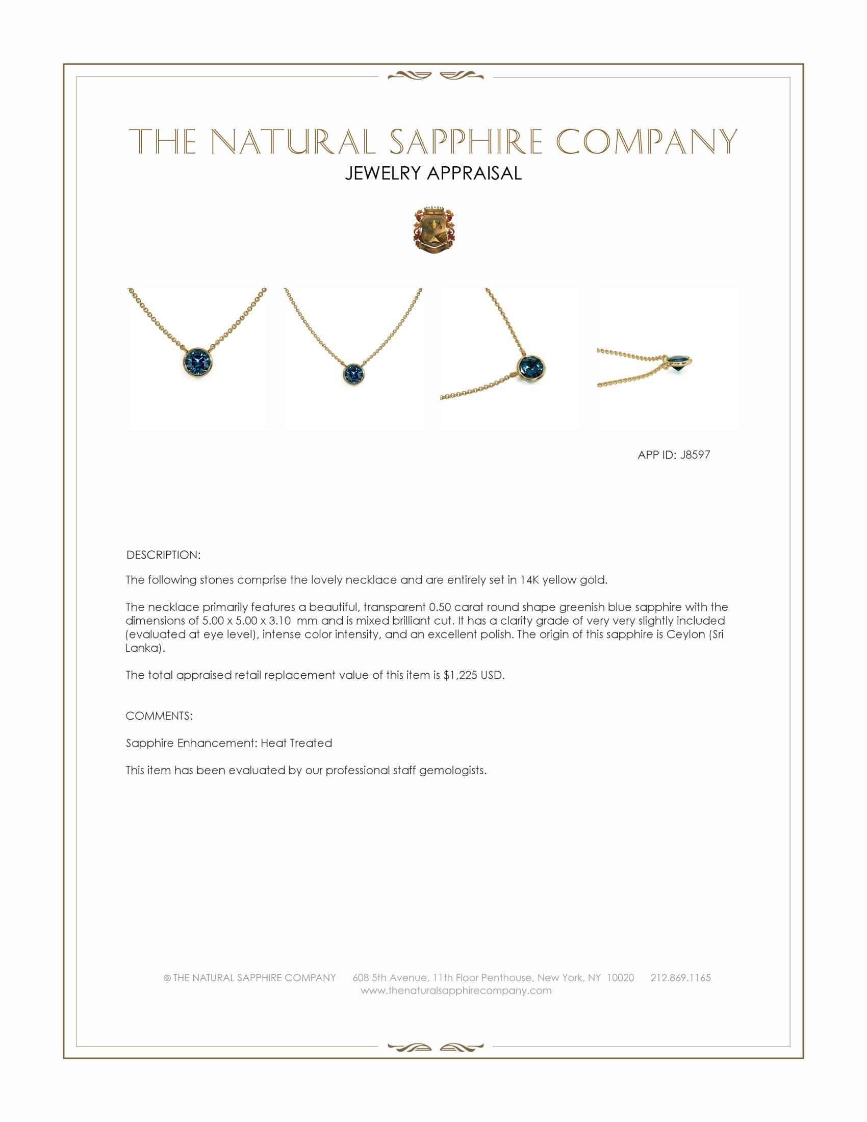 0.50 Ct. Greenish Blue Sapphire Bezel Necklace, 14K Yellow Gold