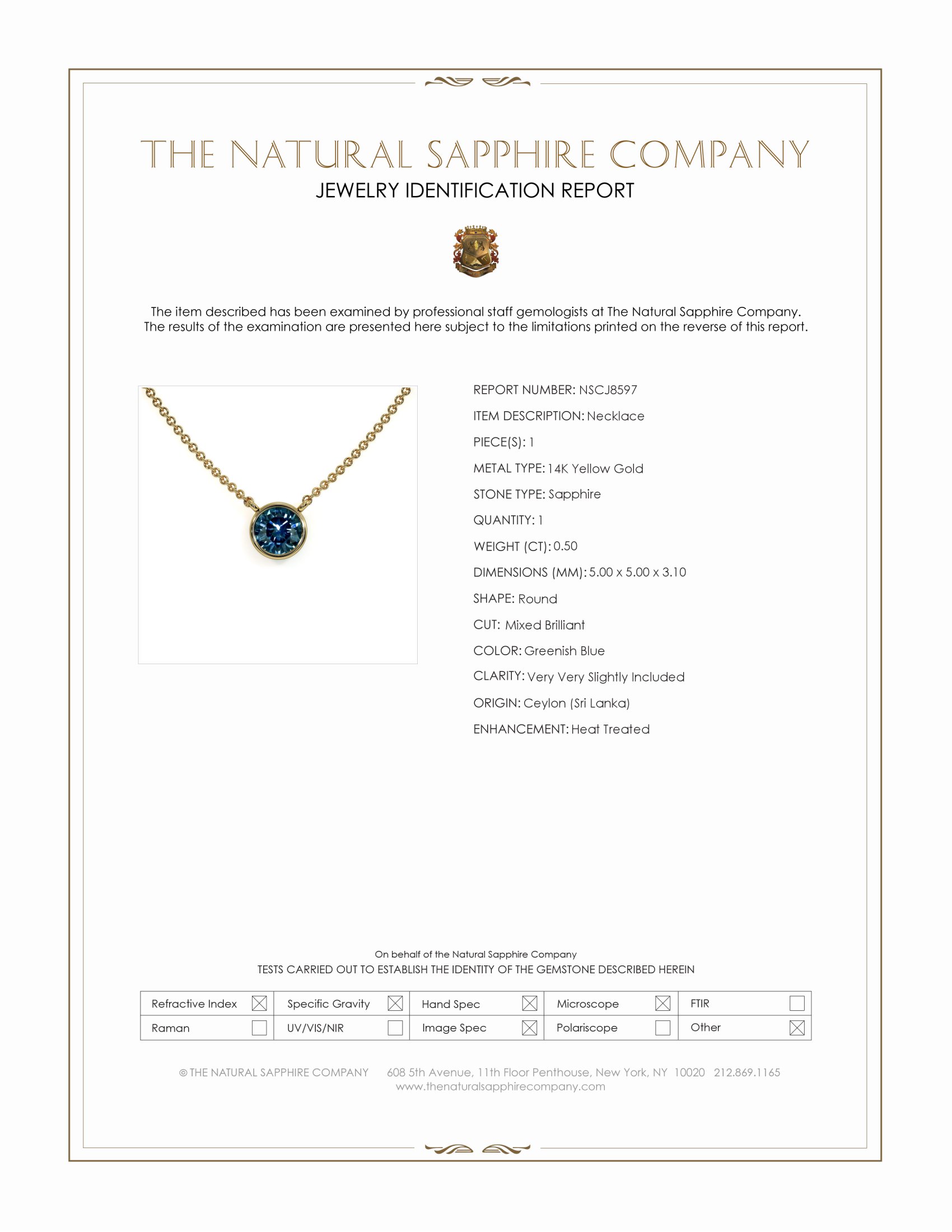 0.50 Ct. Greenish Blue Sapphire Bezel Necklace, 14K Yellow Gold