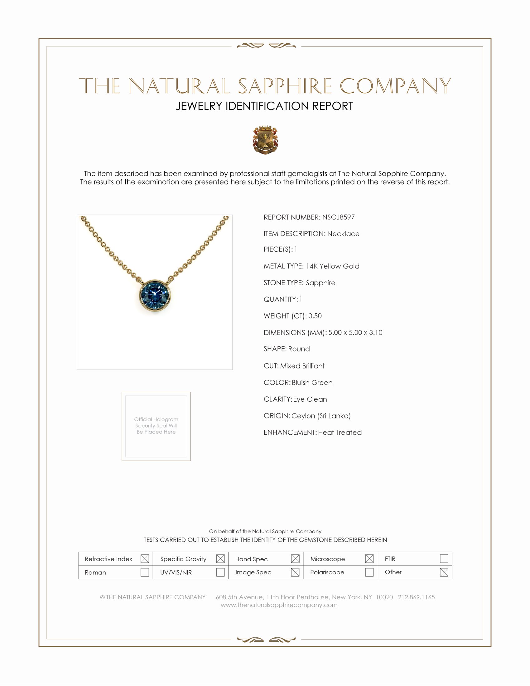 0.50 Ct. Bluish Green Sapphire Bezel Necklace, 14K Yellow Gold