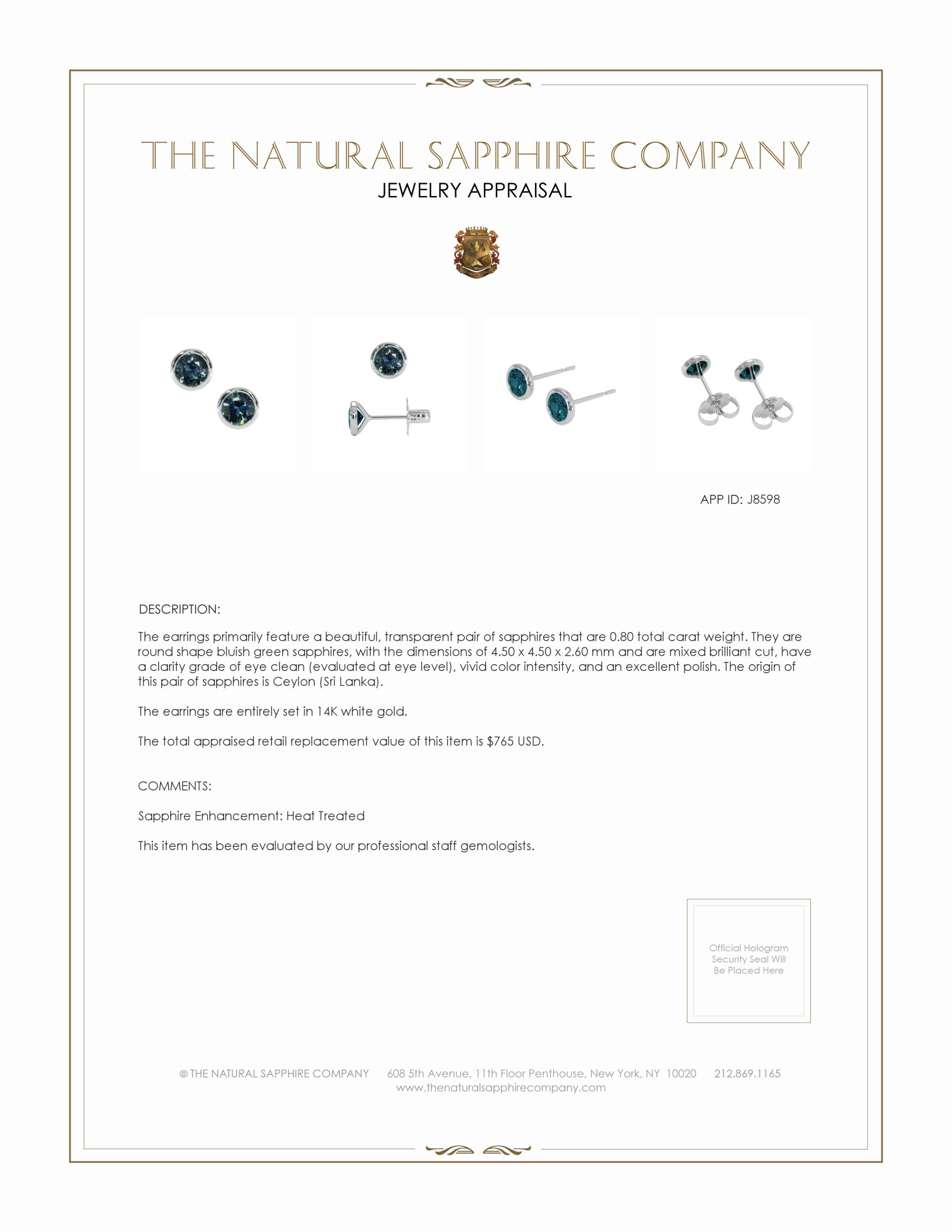 0.80 Ct.Tw. Bluish Green Sapphire Studs Earrings, 14K White Gold