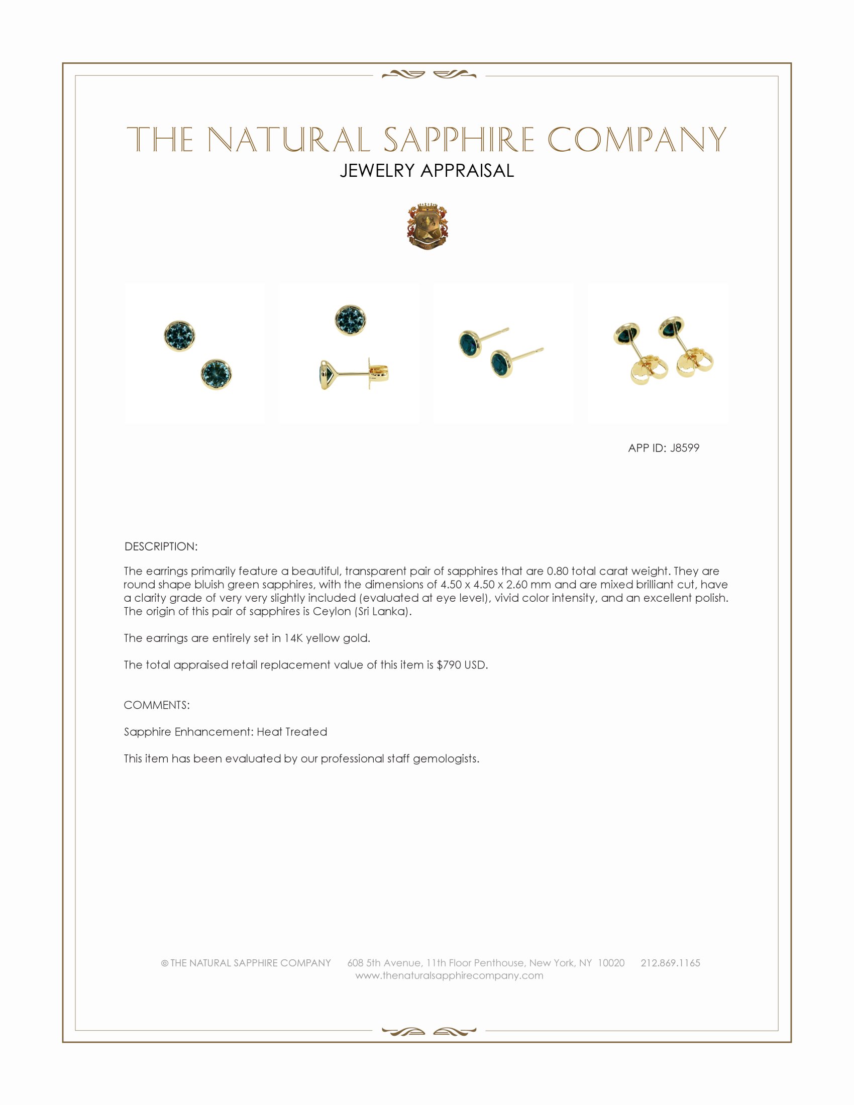 0.80 Ct.Tw. Bluish Green Sapphire Studs Earrings, 14K Yellow Gold