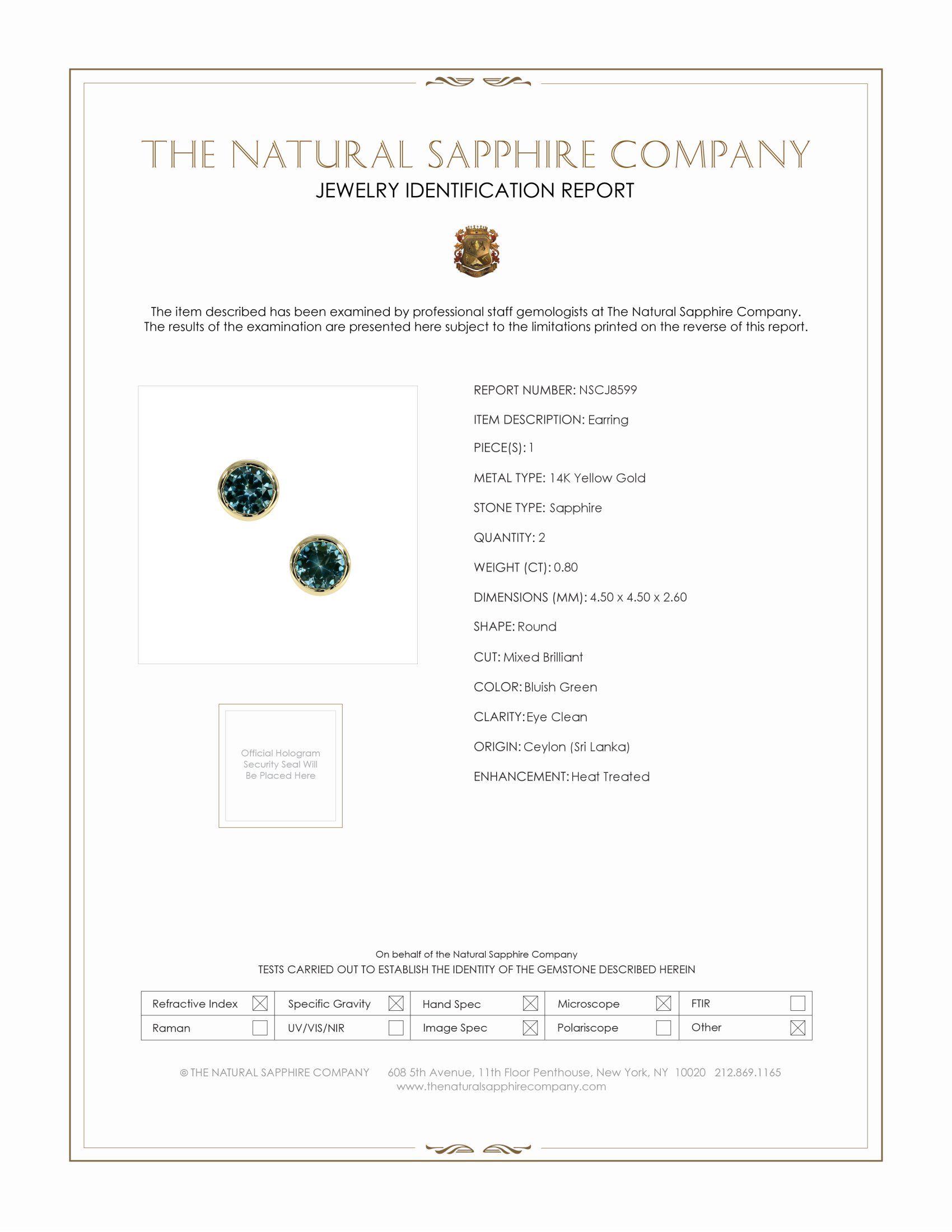 0.80 Ct.Tw. Bluish Green Sapphire Studs Earrings, 14K Yellow Gold
