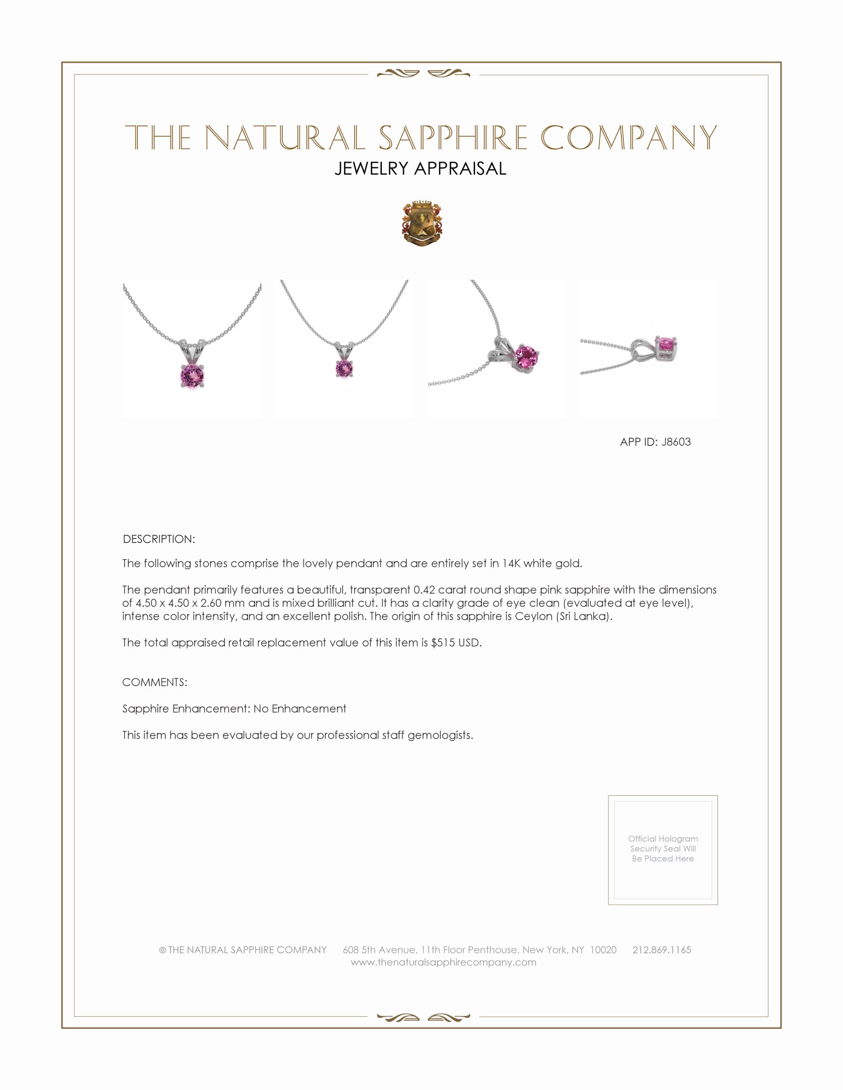 0.45 Ct. Pink Sapphire Solitaire Pendant, 14K White Gold