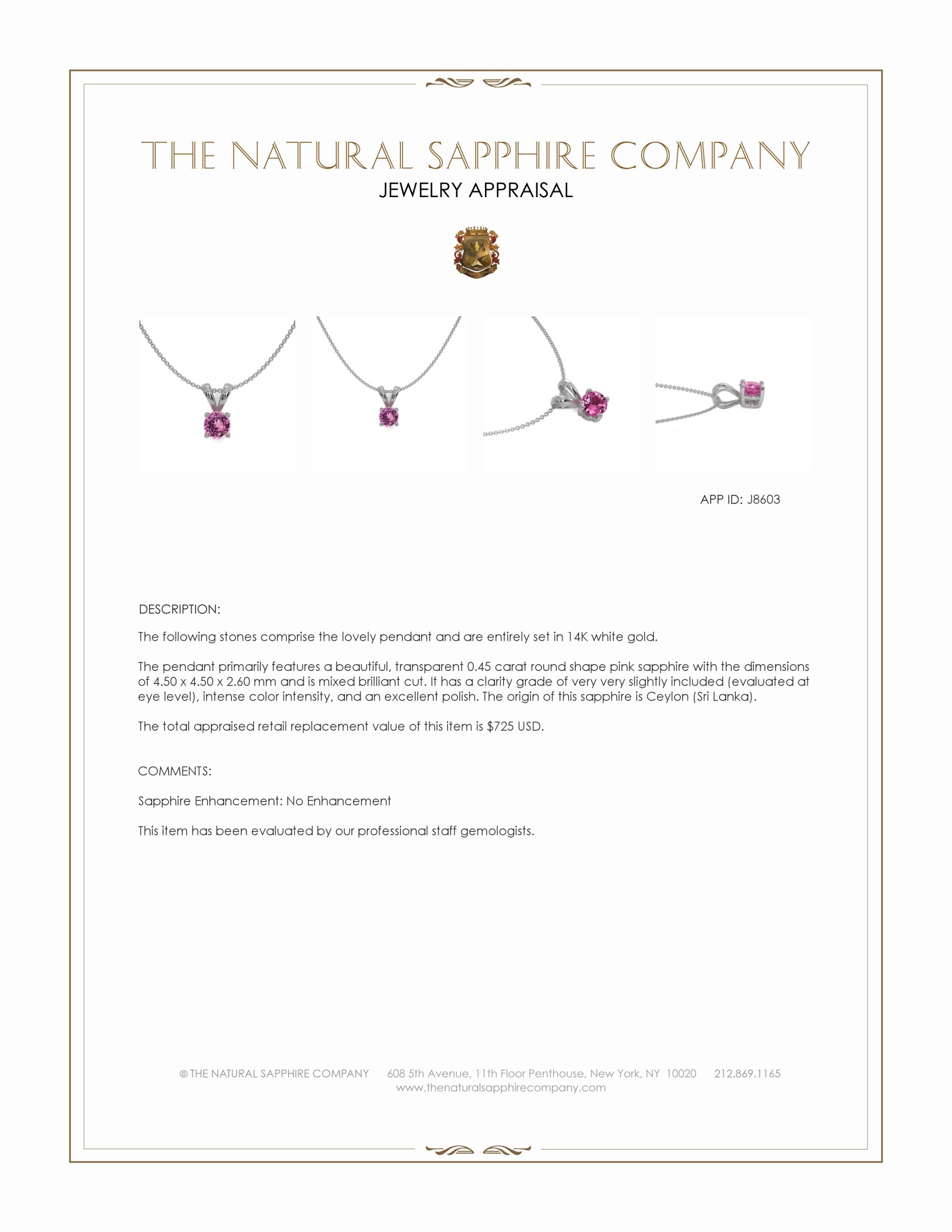 0.45 Ct. Pink Sapphire Solitaire Pendant, 14K White Gold