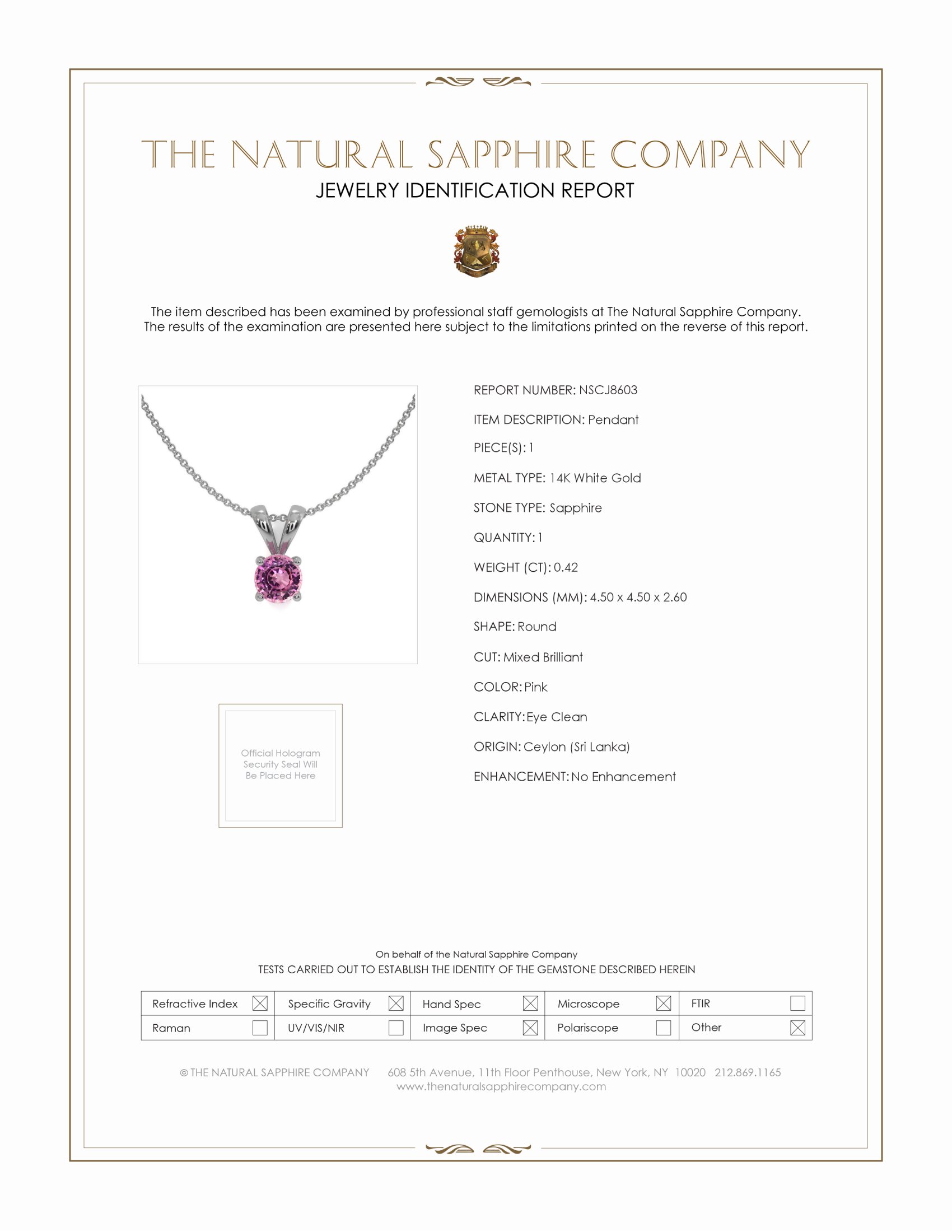 0.45 Ct. Pink Sapphire Solitaire Pendant, 14K White Gold