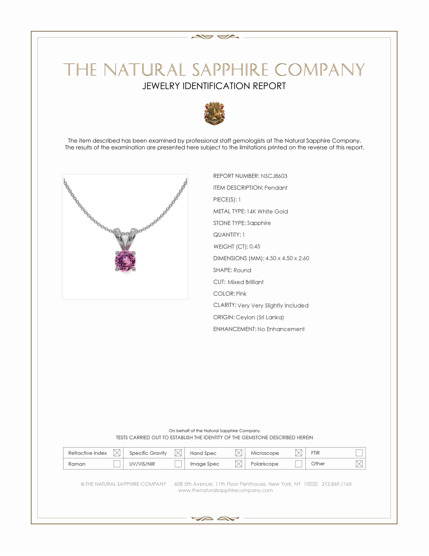 0.45 Ct. Pink Sapphire Solitaire Pendant, 14K White Gold