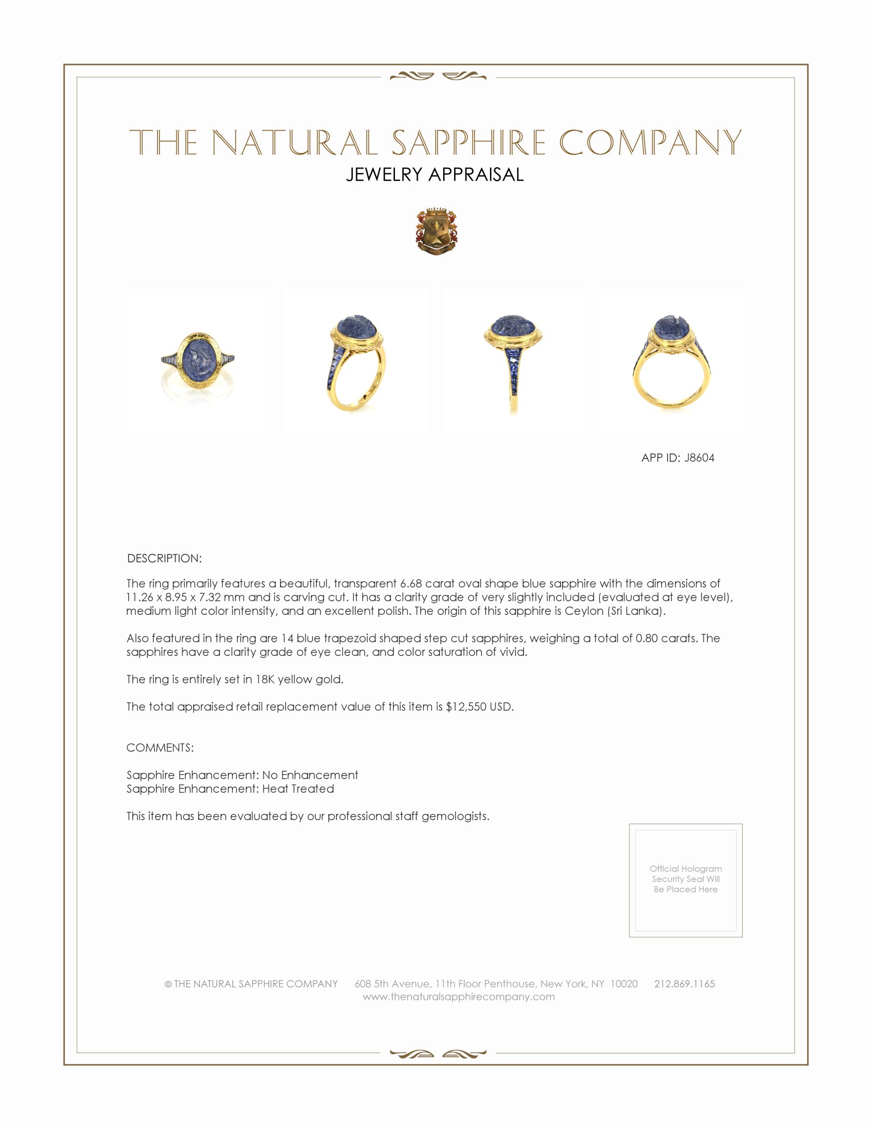 6.68 Ct. Blue Sapphire Antique Style Ring, 18K Yellow Gold