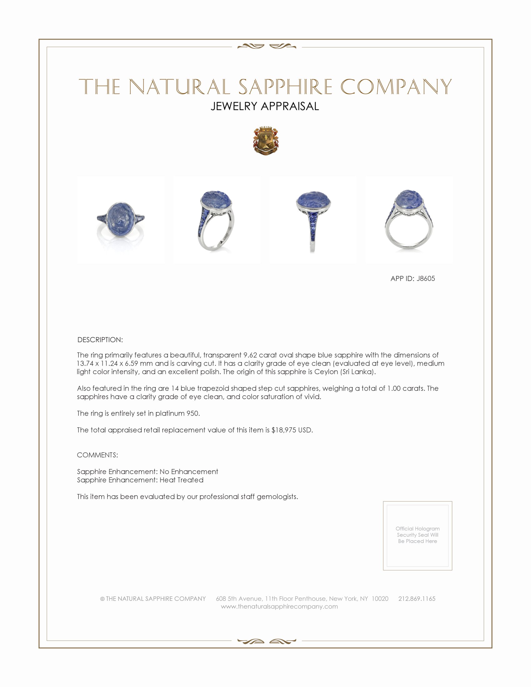 9.62 Ct. Blue Sapphire Antique Style Ring, Platinum 950