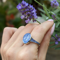9.62 Ct. Blue Sapphire Antique Style Ring, Platinum 950 Life Style
