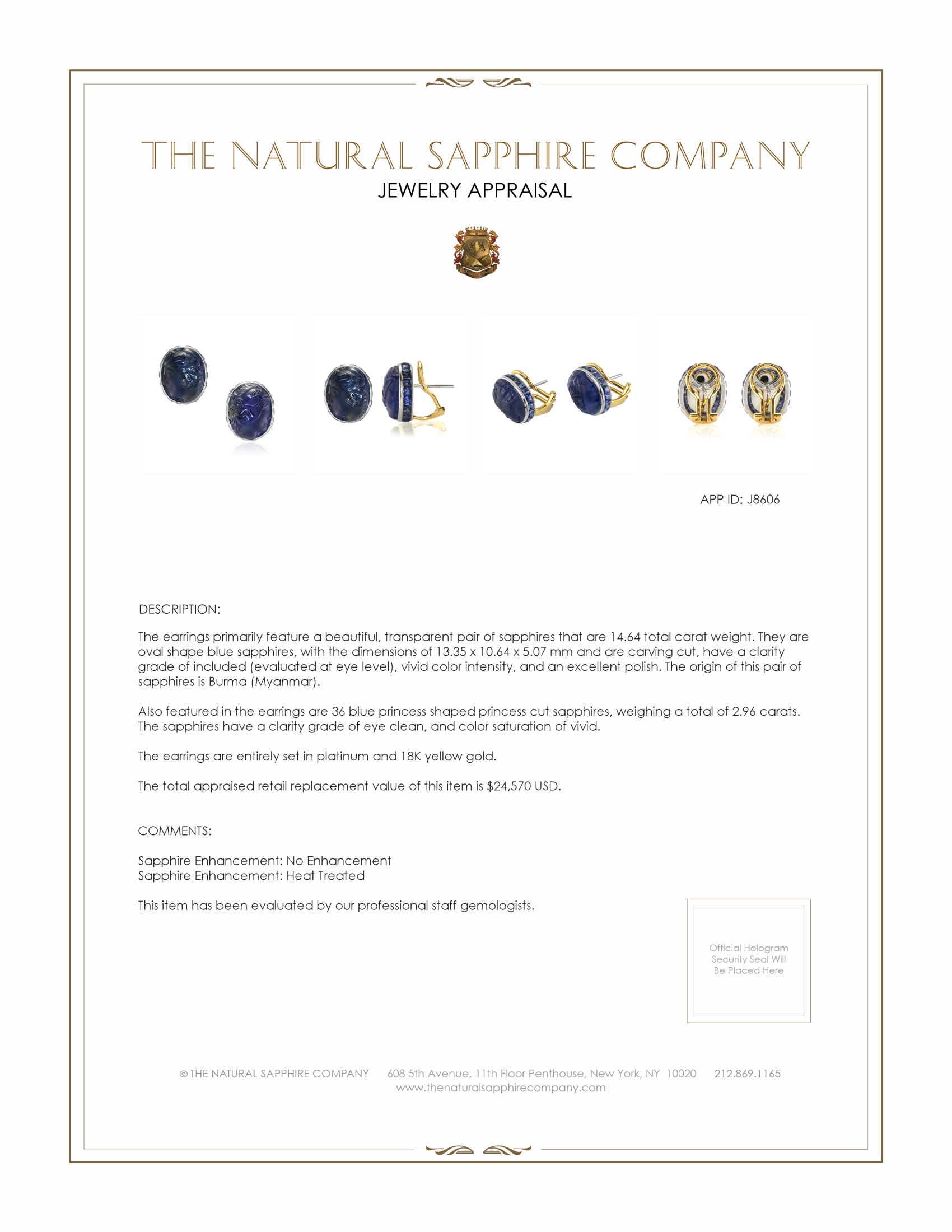 14.64 Ct.Tw. Blue Sapphire Antique Style Earrings, Platinum & 18K Yellow