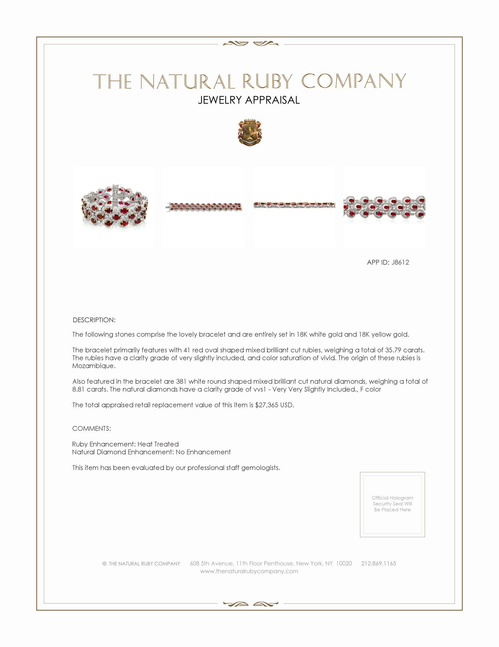 35.79 Ct.Tw. Ruby and Natural Diamond Accent Stones Bracelet, 18K White & Yellow