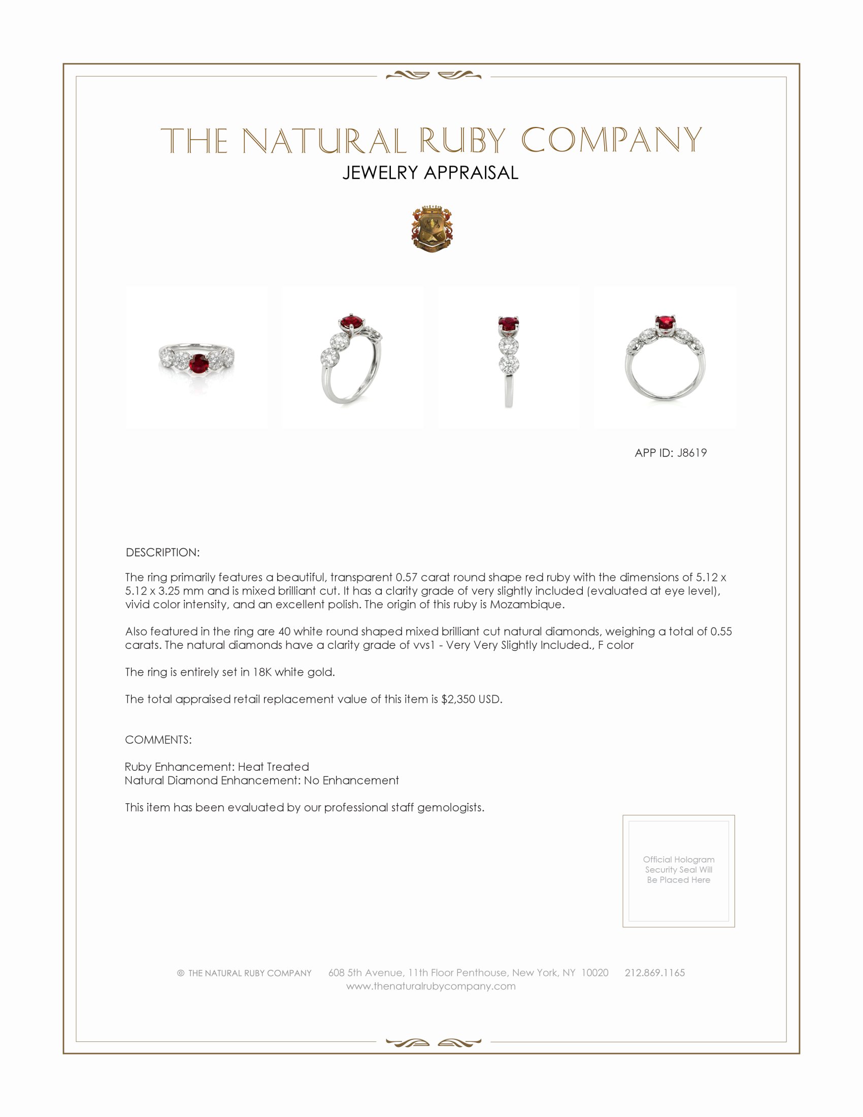 0.57 Ct. Ruby and Natural Diamond Accent Stones Ring, 18K White Gold