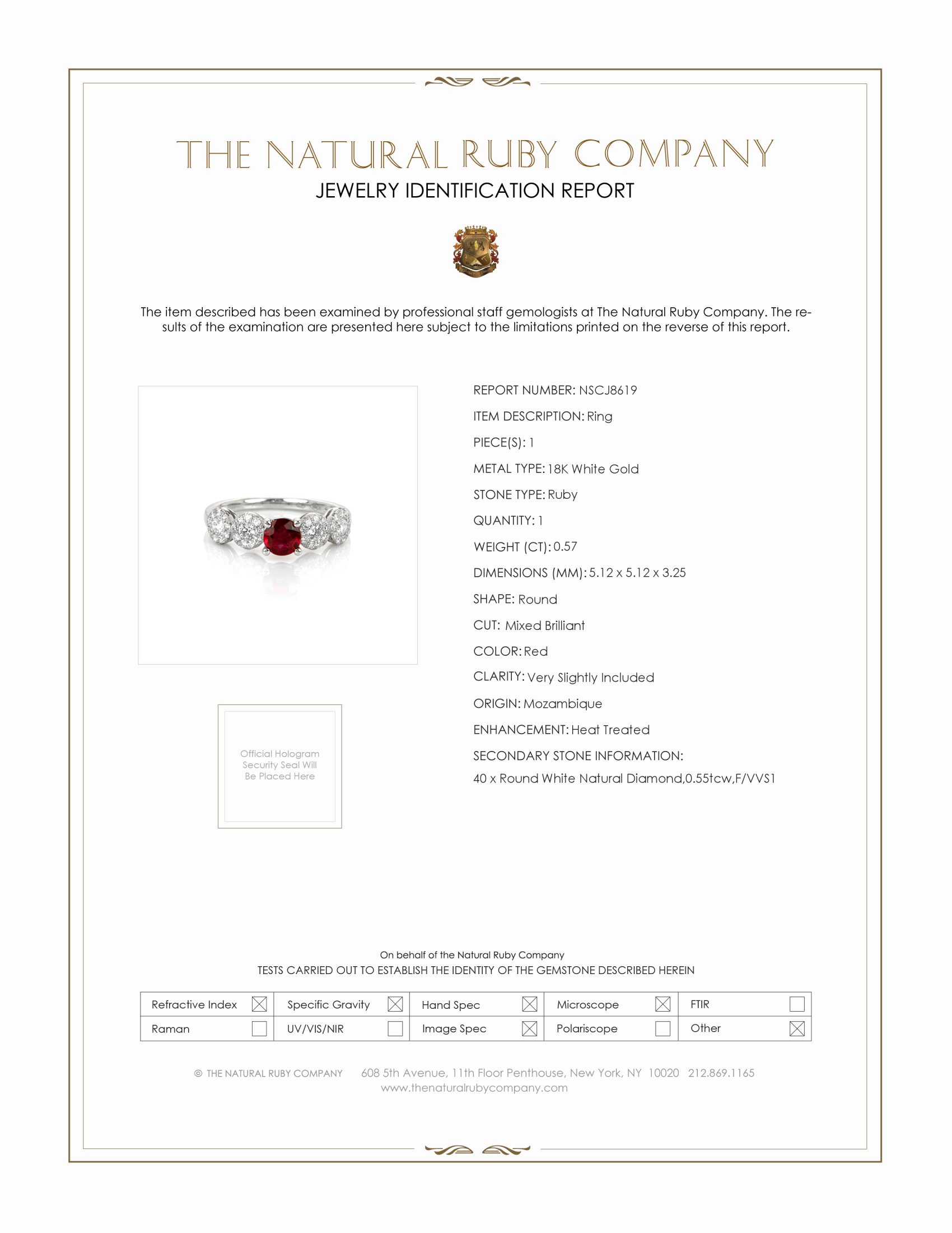 0.57 Ct. Ruby and Natural Diamond Accent Stones Ring, 18K White Gold