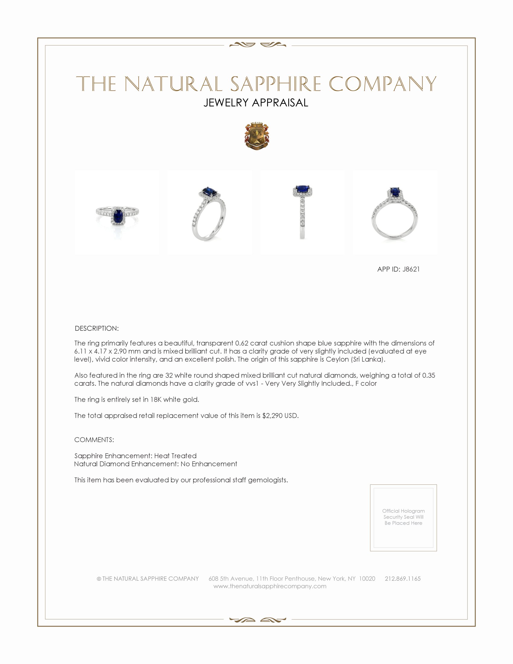 0.62 Ct. Blue Sapphire and Natural Diamond Pave Ring, 18K White Gold