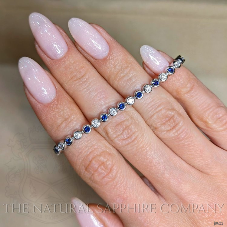 1.16 Ct.Tw. Blue Sapphire and Natural Diamond Bezel Bracelet, 14K White Gold