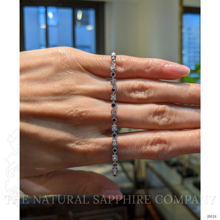 0.62 Ct.Tw. Blue Sapphire and Natural Diamond Bezel Bracelet, 14K White Gold