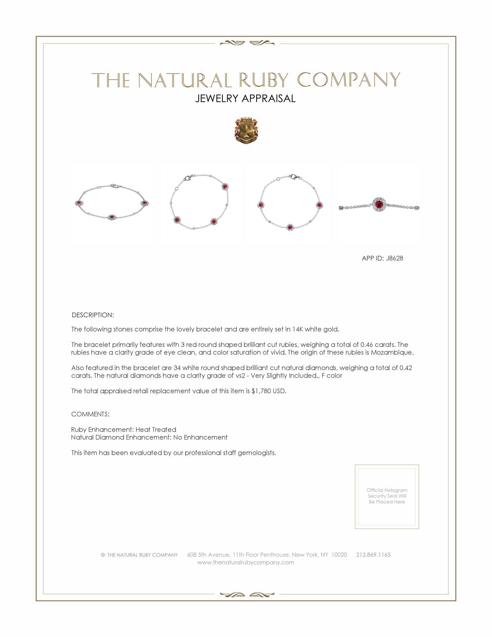 0.46 Ct.Tw. Ruby Natural Diamond Pave Bracelet, 14K White Gold